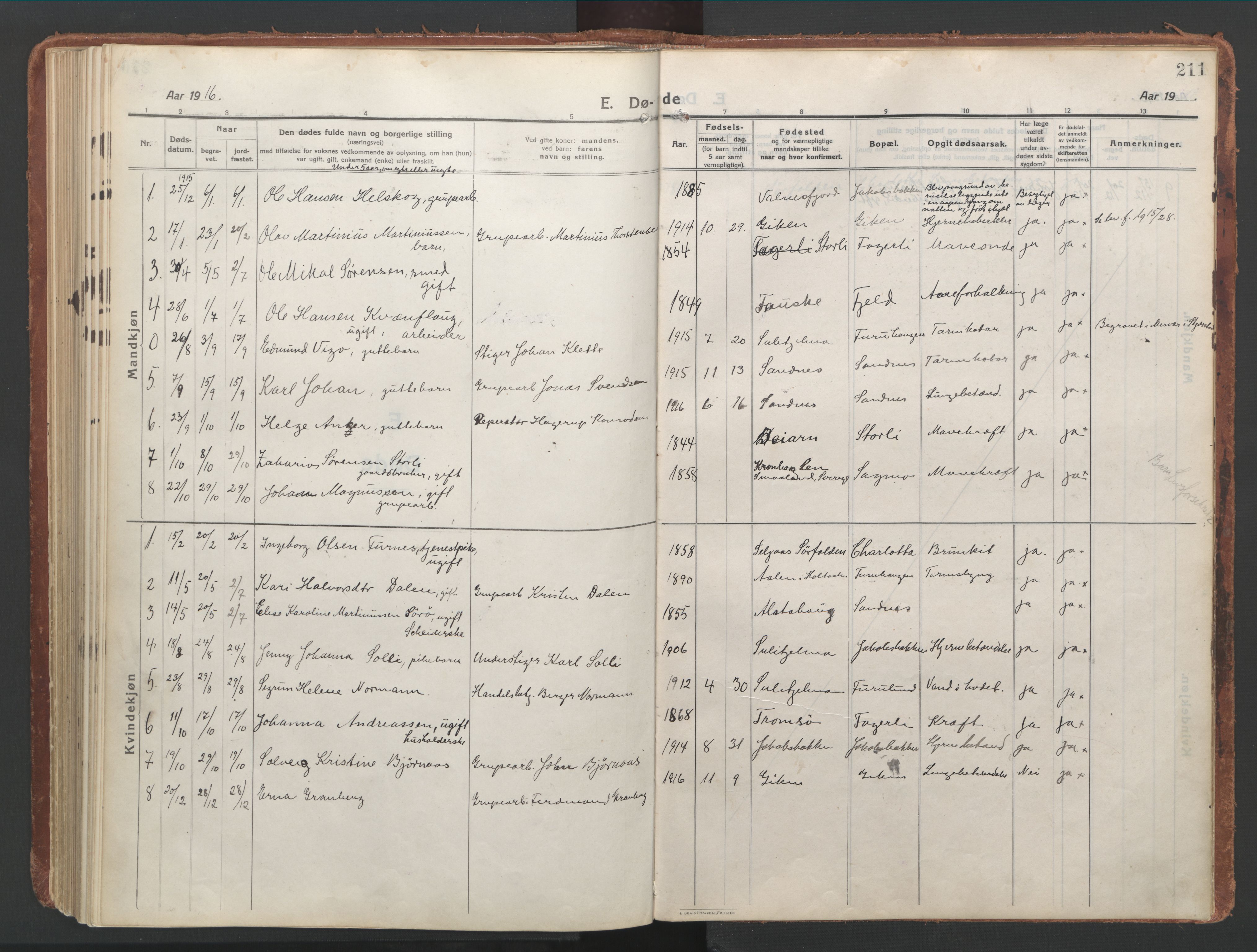 Ministerialprotokoller, klokkerbøker og fødselsregistre - Nordland, SAT/A-1459/850/L0715: Curate's parish register no. 850B05, 1913-1924, p. 211