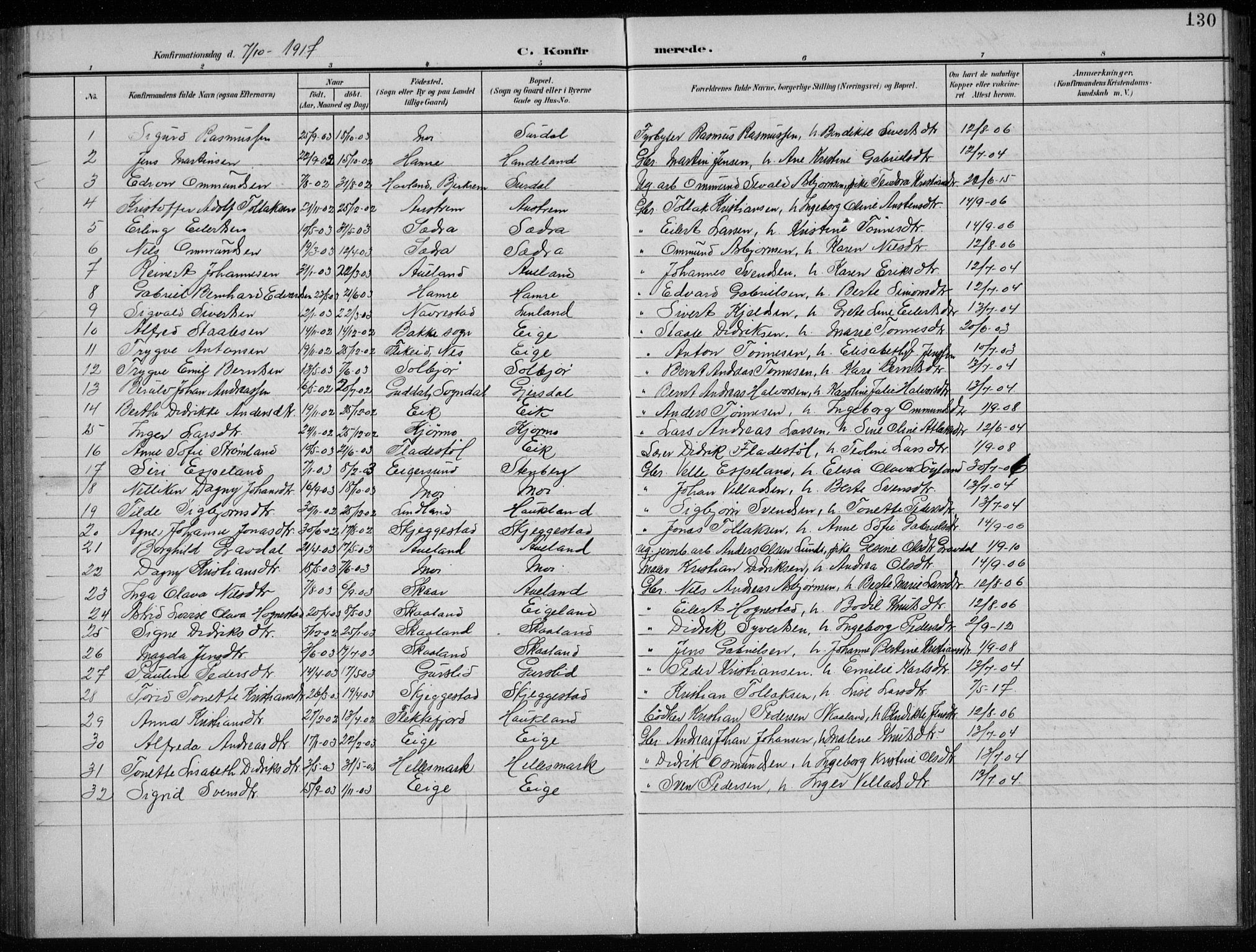 Lund sokneprestkontor, AV/SAST-A-101809/S07/L0008: Parish register (copy) no. B 8, 1902-1936, p. 130