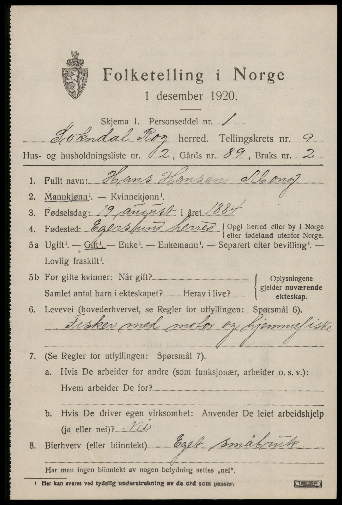 SAST, 1920 census for Sokndal, 1920, p. 5343