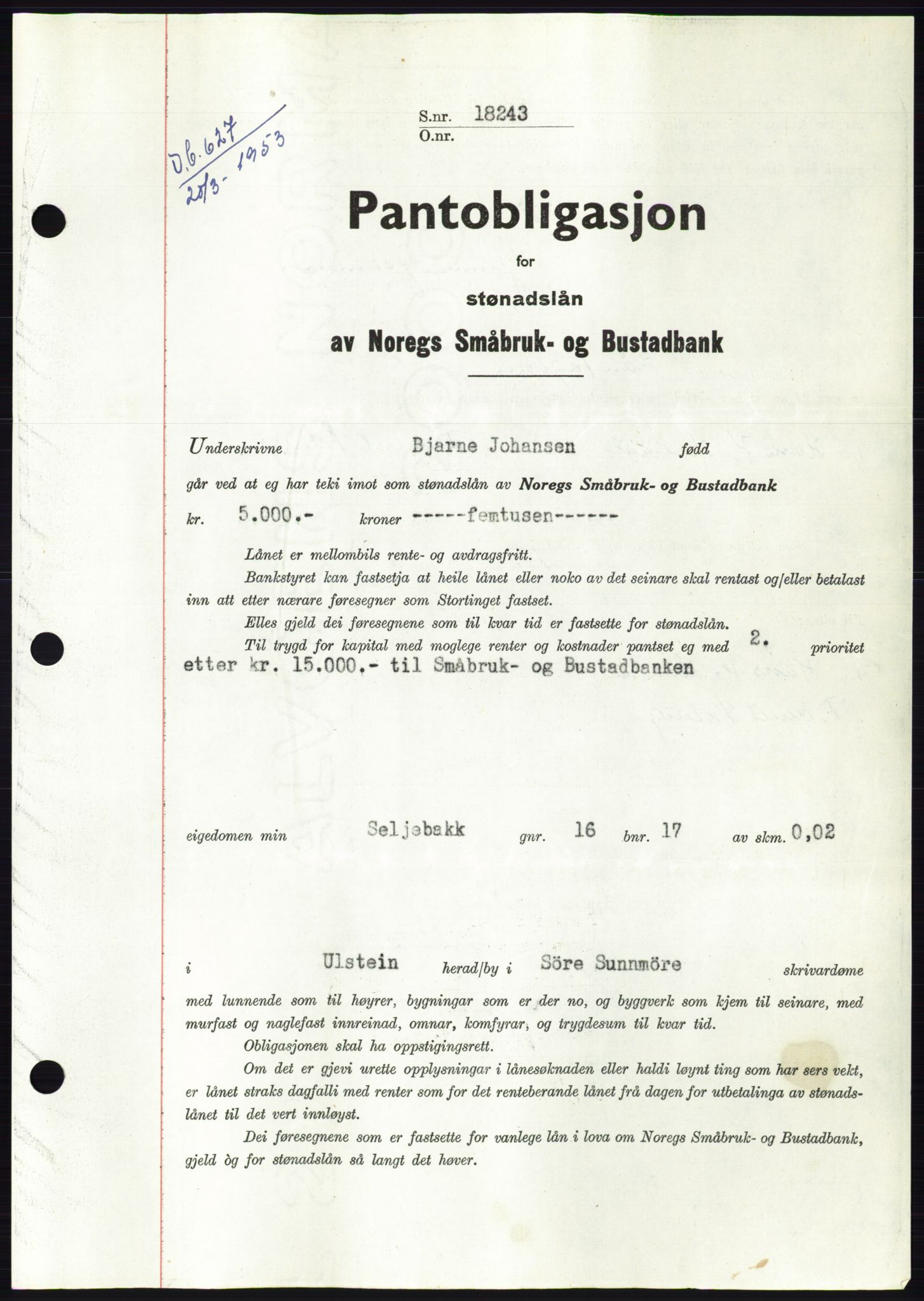 Søre Sunnmøre sorenskriveri, AV/SAT-A-4122/1/2/2C/L0123: Mortgage book no. 11B, 1953-1953, Diary no: : 627/1953