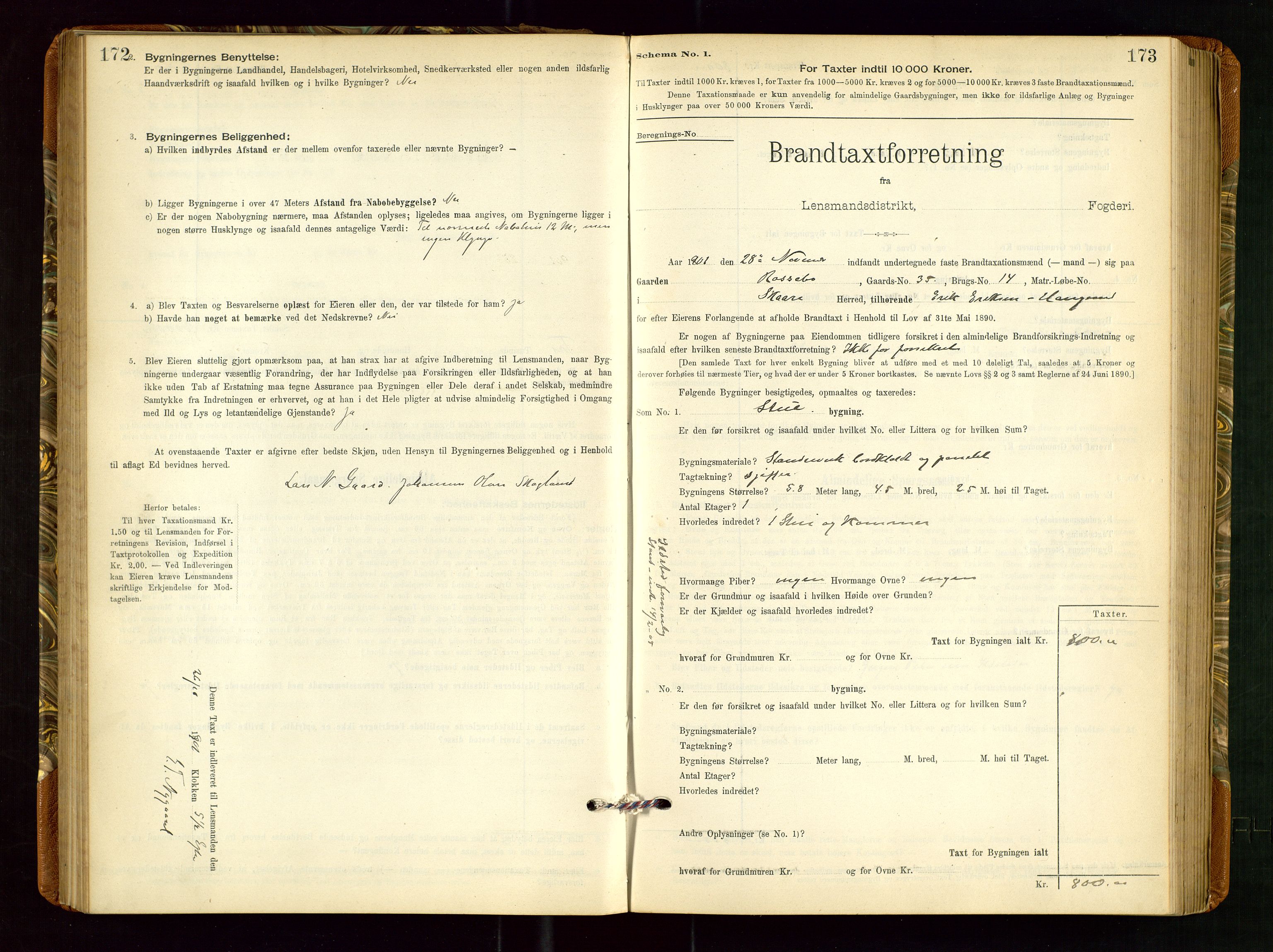 Torvestad lensmannskontor, AV/SAST-A-100307/1/Gob/L0002: "Brandtakstprotokol for Lensmanden i Torvestad", 1900-1905, p. 172-173