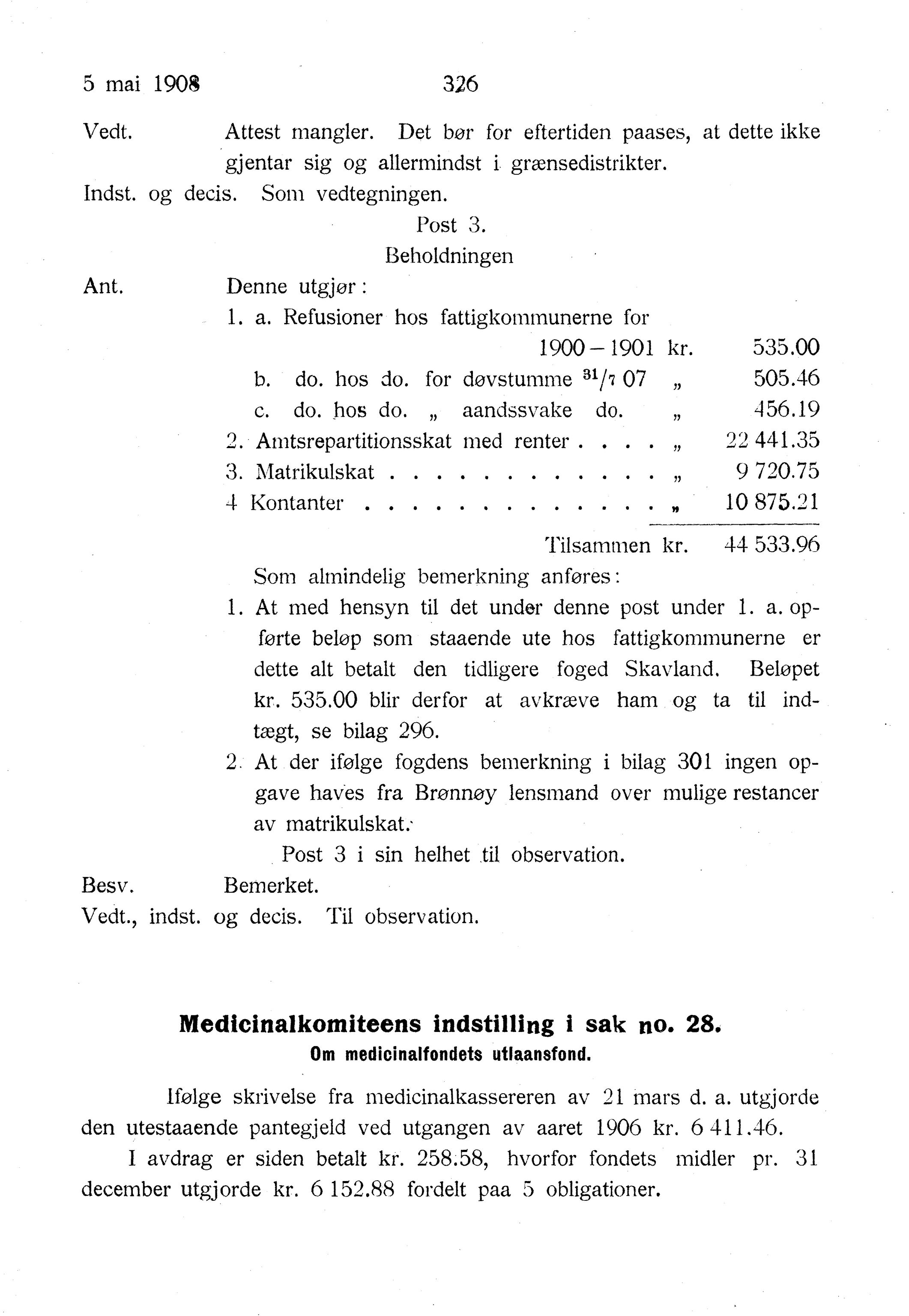 Nordland Fylkeskommune. Fylkestinget, AIN/NFK-17/176/A/Ac/L0031: Fylkestingsforhandlinger 1908, 1908