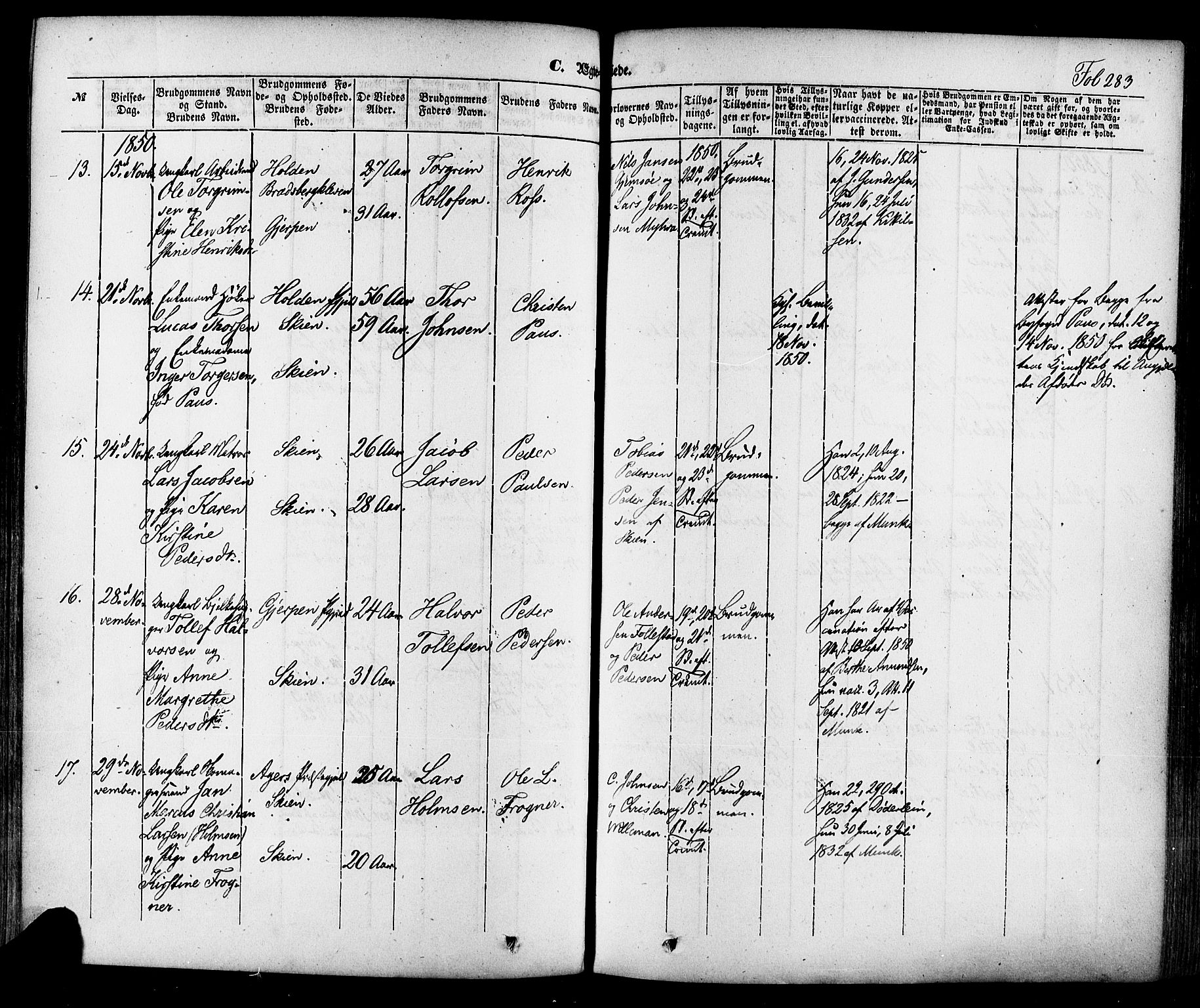 Skien kirkebøker, SAKO/A-302/F/Fa/L0006a: Parish register (official) no. 6A, 1843-1856, p. 283