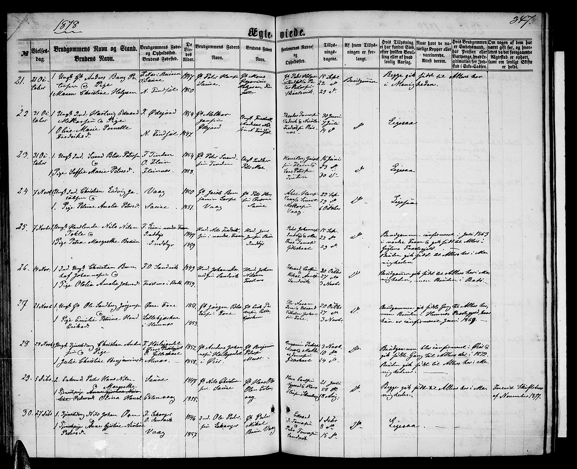 Ministerialprotokoller, klokkerbøker og fødselsregistre - Nordland, AV/SAT-A-1459/805/L0107: Parish register (copy) no. 805C03, 1862-1885, p. 347