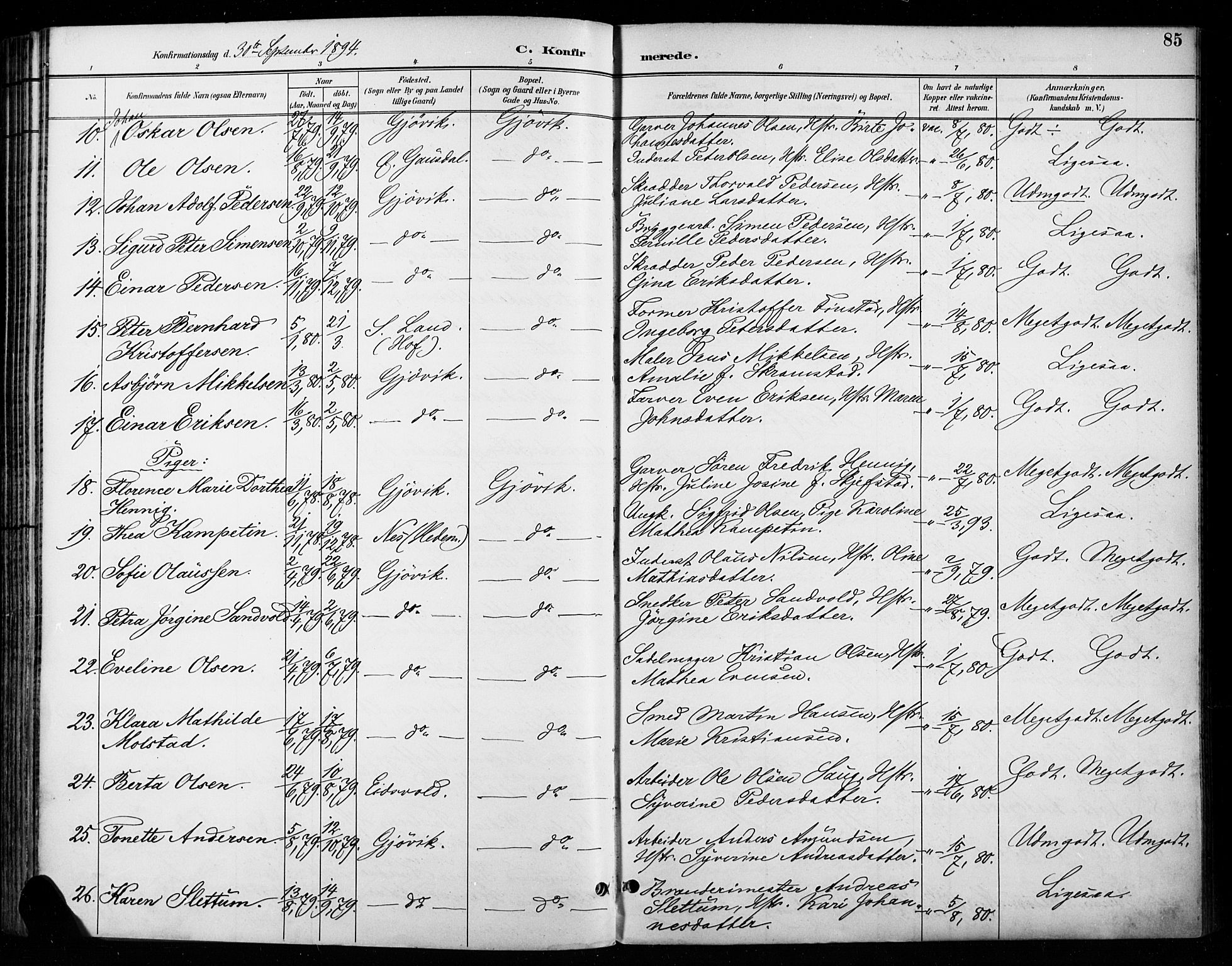 Vardal prestekontor, SAH/PREST-100/H/Ha/Haa/L0011: Parish register (official) no. 11, 1891-1901, p. 85