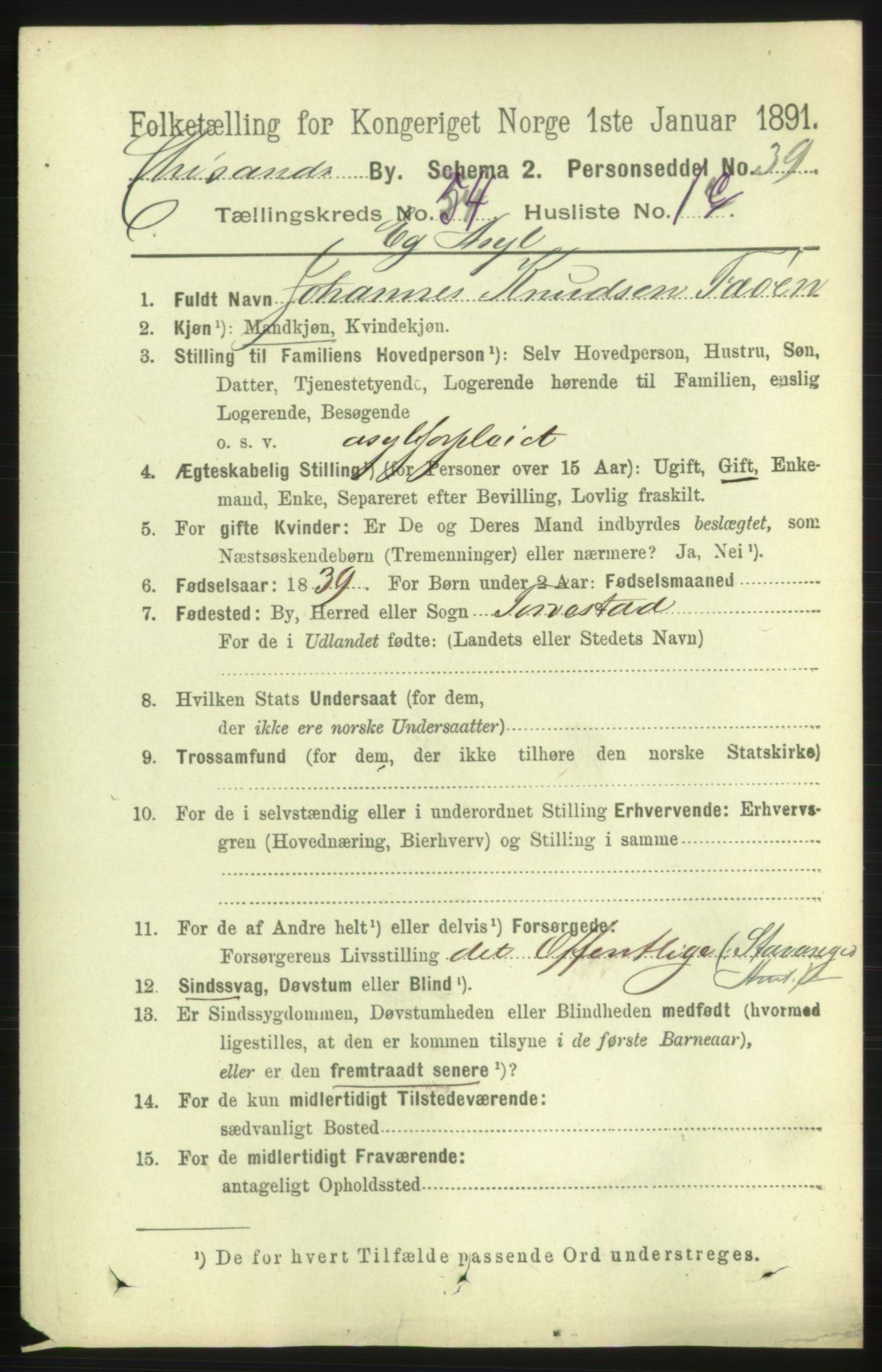 RA, 1891 census for 1001 Kristiansand, 1891, p. 15454