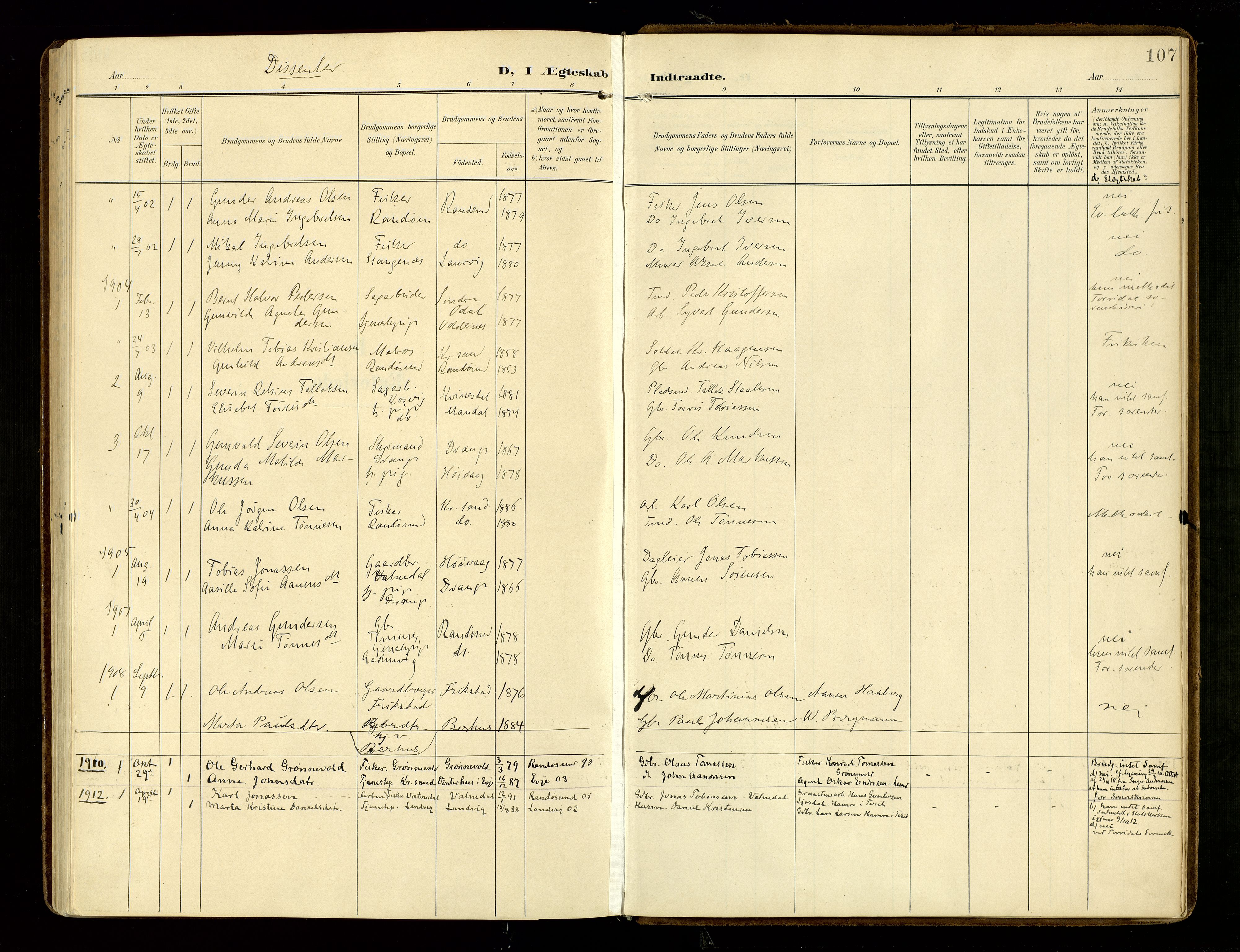 Oddernes sokneprestkontor, SAK/1111-0033/F/Fa/Fab/L0003: Parish register (official) no. A 3, 1903-1916, p. 107