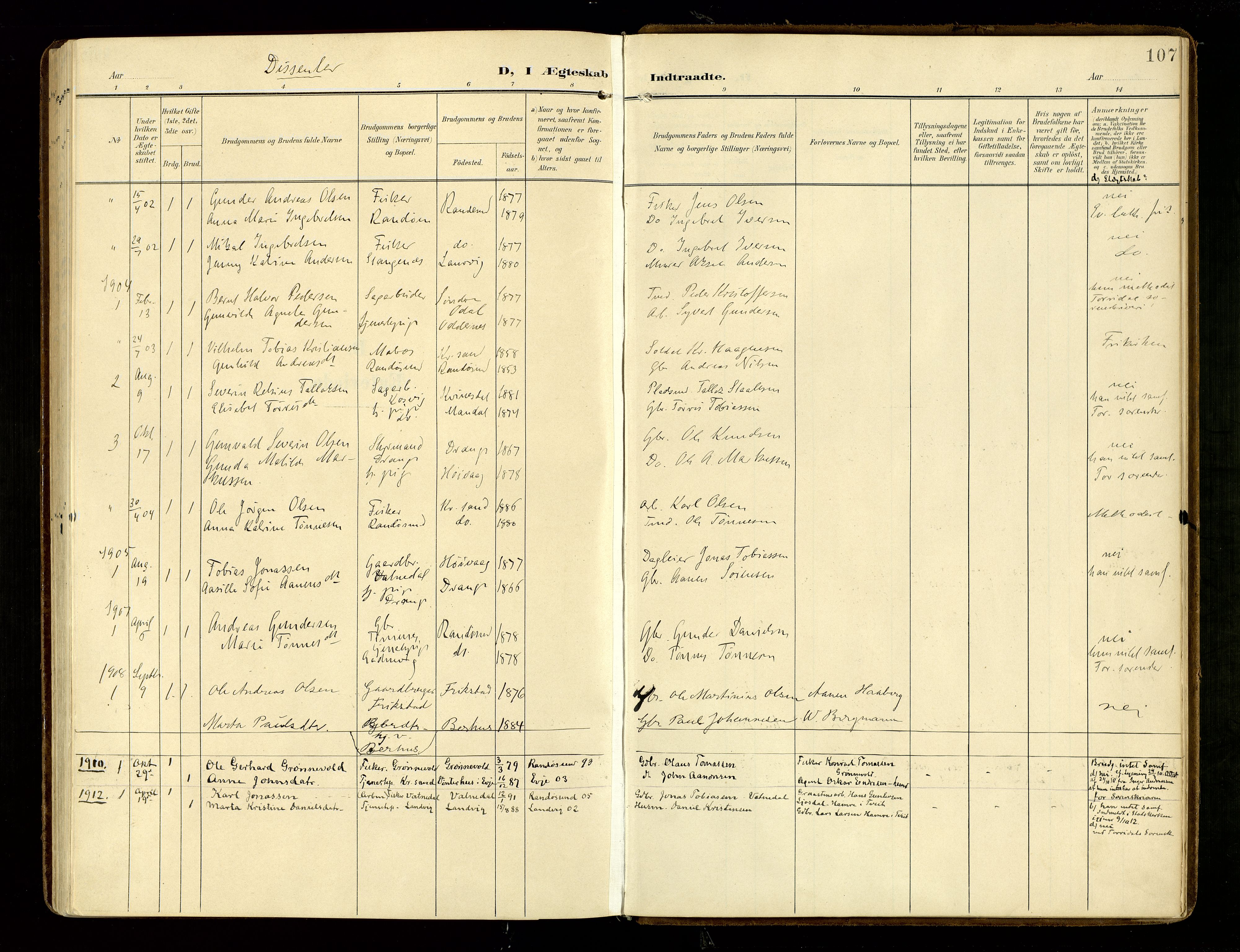 Oddernes sokneprestkontor, AV/SAK-1111-0033/F/Fa/Fab/L0003: Parish register (official) no. A 3, 1903-1916, p. 107