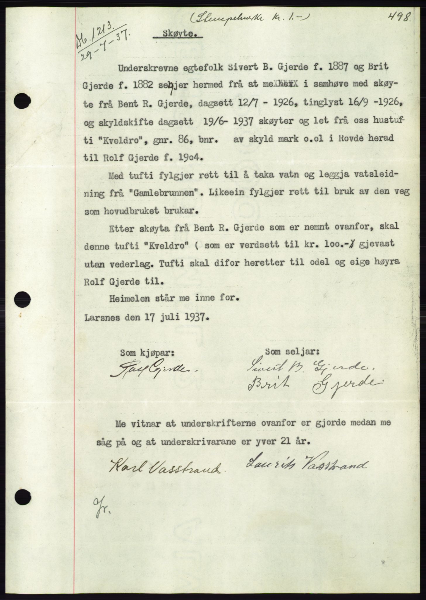 Søre Sunnmøre sorenskriveri, AV/SAT-A-4122/1/2/2C/L0063: Mortgage book no. 57, 1937-1937, Diary no: : 1213/1937