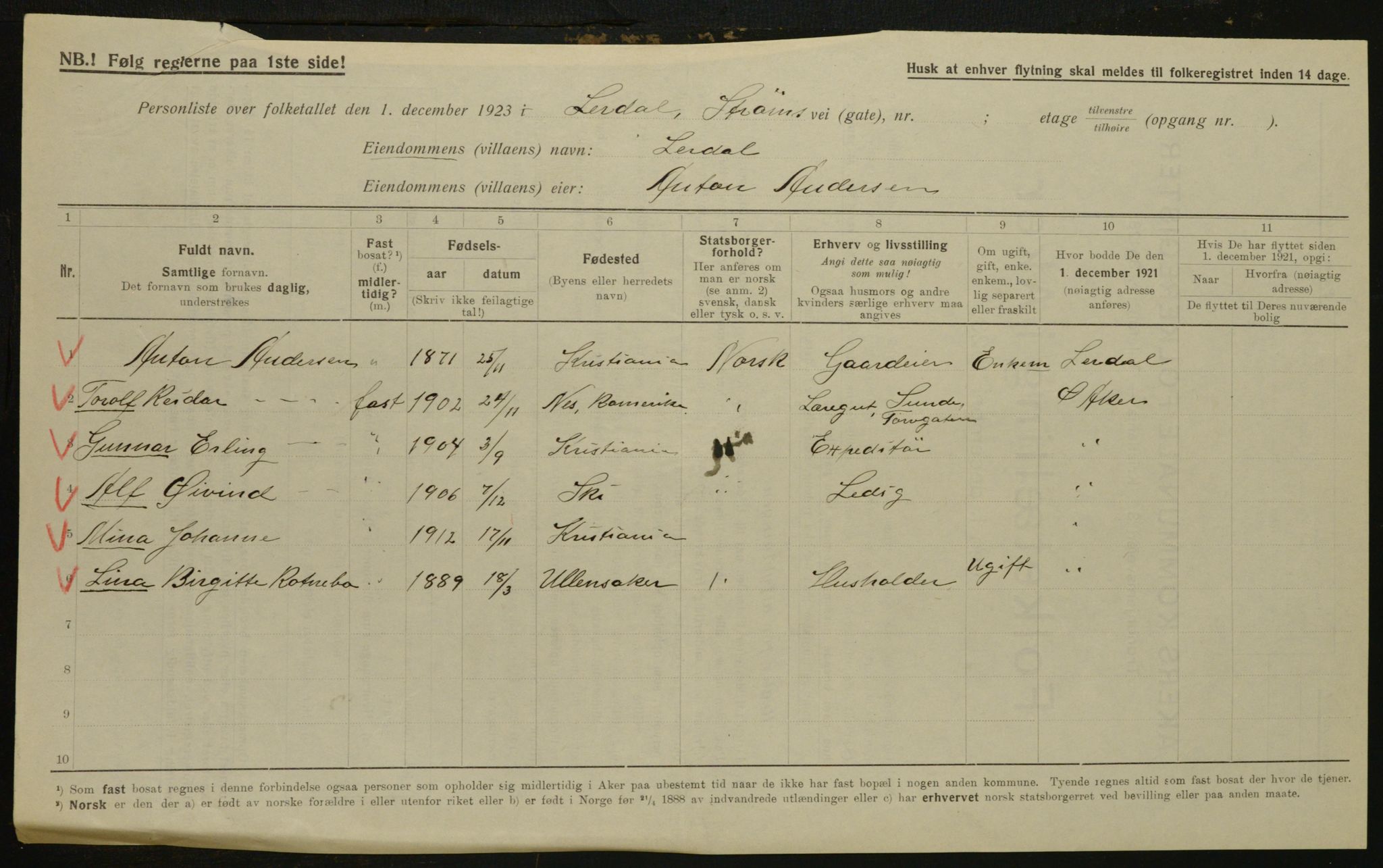 , Municipal Census 1923 for Aker, 1923, p. 32332