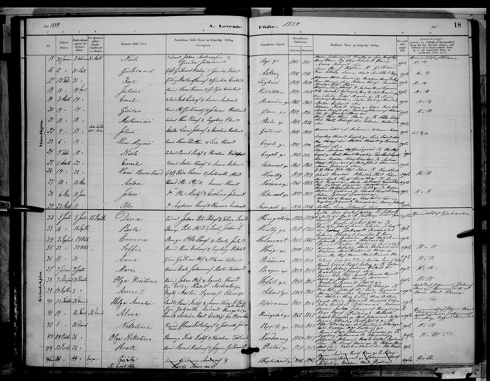 Søndre Land prestekontor, SAH/PREST-122/L/L0002: Parish register (copy) no. 2, 1884-1900, p. 18