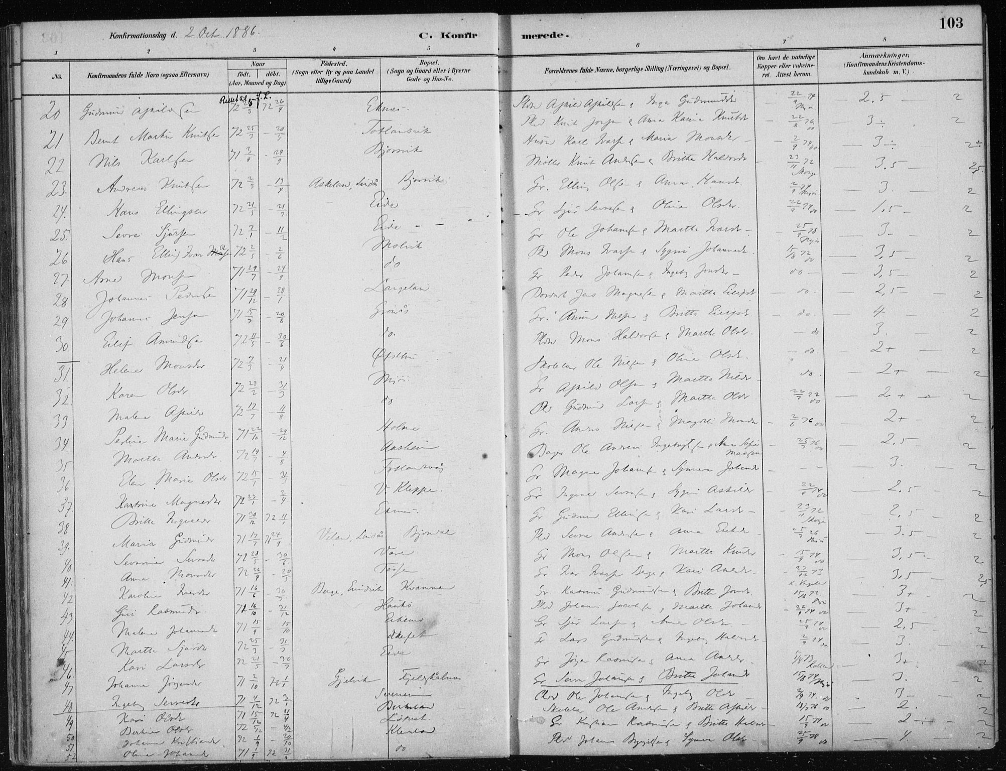 Hosanger sokneprestembete, SAB/A-75801/H/Haa: Parish register (official) no. B  1, 1880-1896, p. 103
