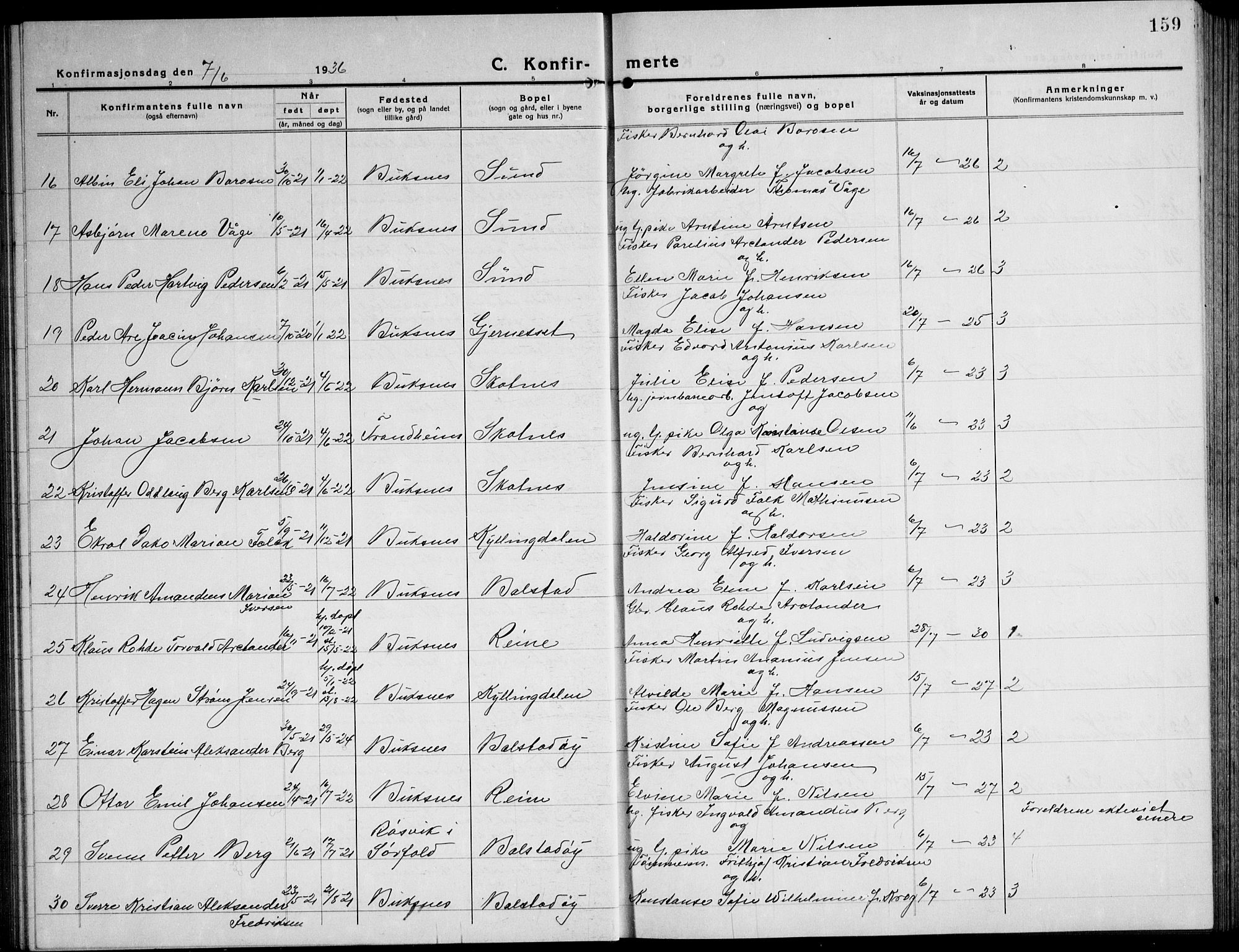 Ministerialprotokoller, klokkerbøker og fødselsregistre - Nordland, AV/SAT-A-1459/881/L1170: Parish register (copy) no. 881C07, 1930-1943, p. 159