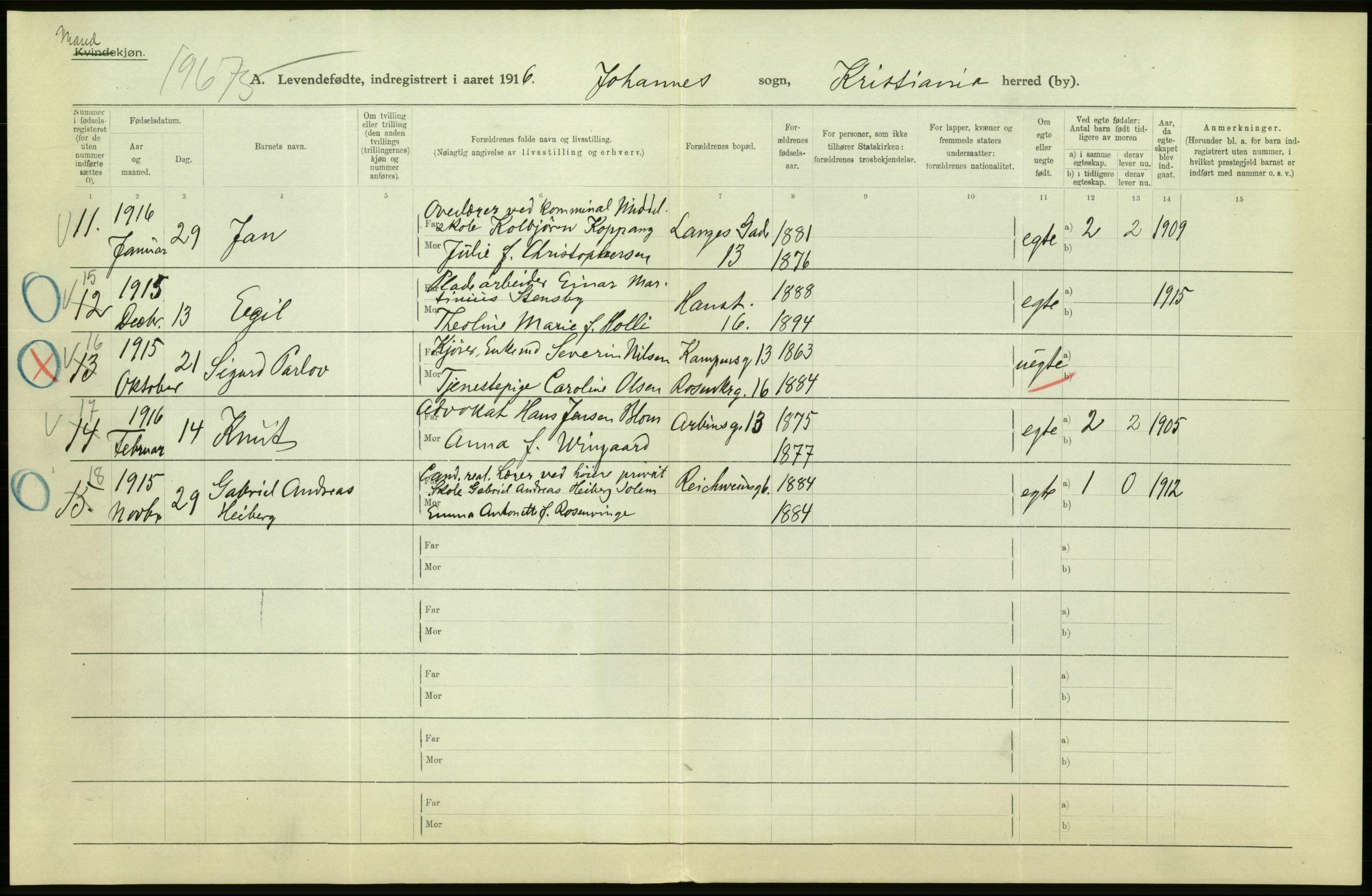 Statistisk sentralbyrå, Sosiodemografiske emner, Befolkning, AV/RA-S-2228/D/Df/Dfb/Dfbf/L0006: Kristiania: Levendefødte menn og kvinner., 1916, p. 648