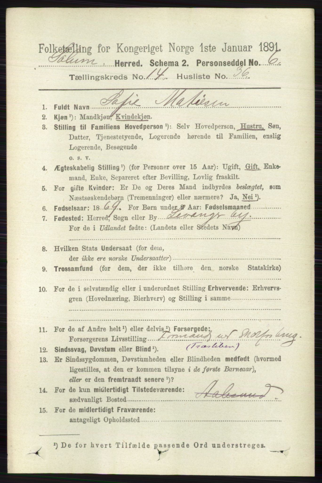 RA, 1891 census for 0818 Solum, 1891, p. 6612