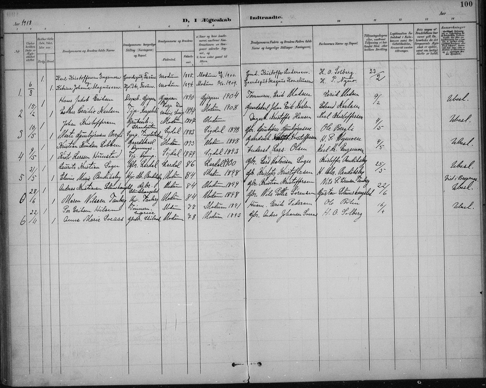 Modum kirkebøker, AV/SAKO-A-234/F/Fa/L0017: Parish register (official) no. 17, 1900-1915, p. 100