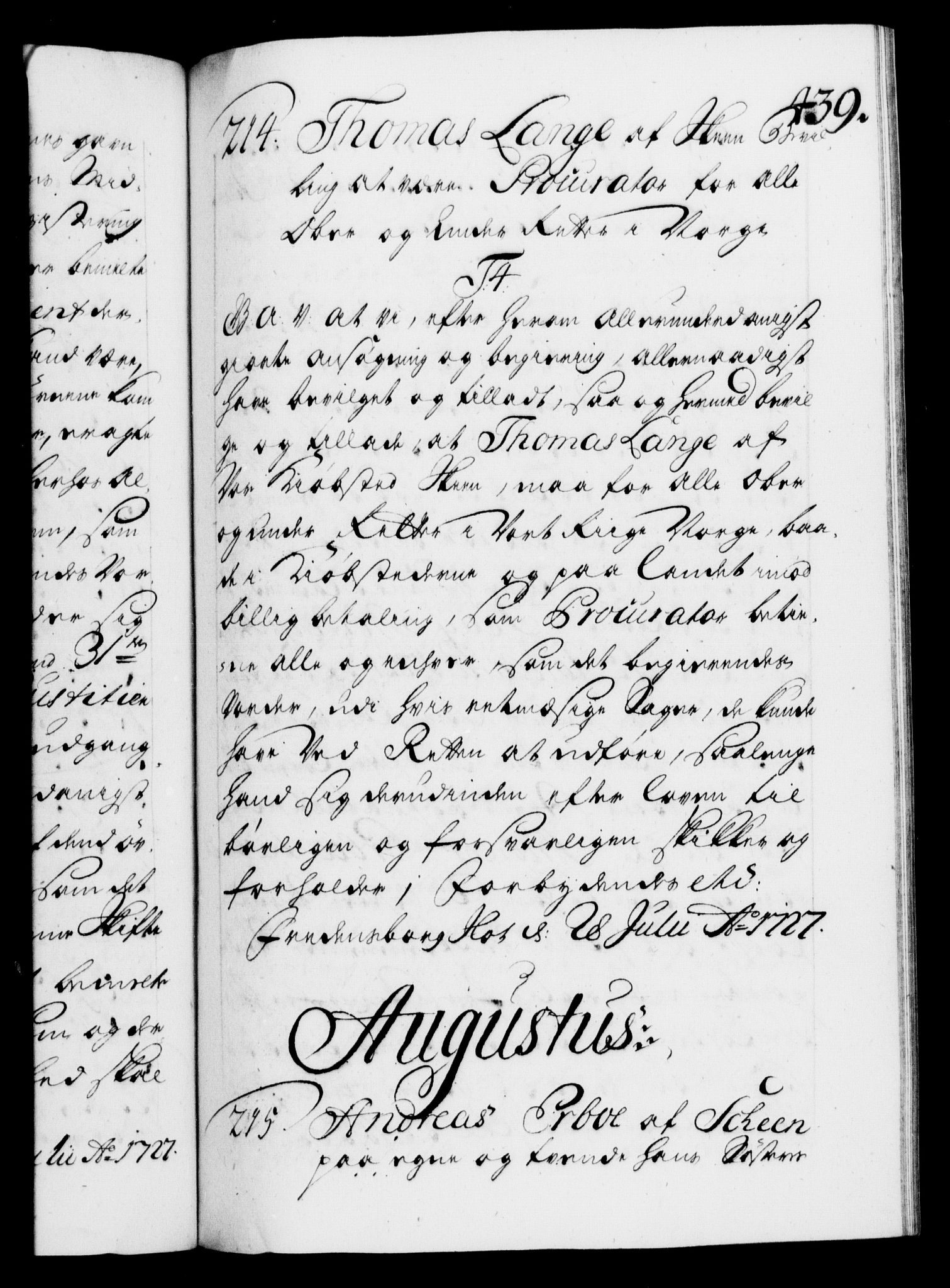Danske Kanselli 1572-1799, RA/EA-3023/F/Fc/Fca/Fcaa/L0025: Norske registre, 1726-1728, p. 439a
