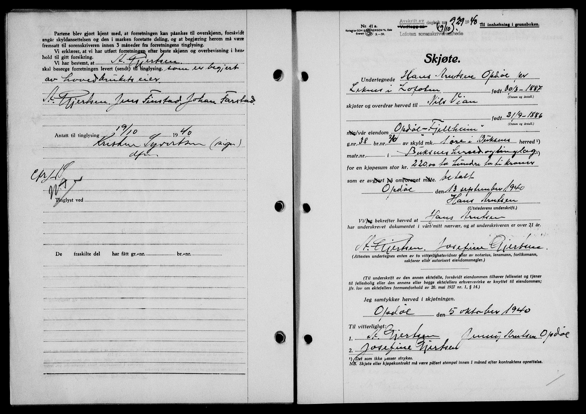 Lofoten sorenskriveri, SAT/A-0017/1/2/2C/L0007a: Mortgage book no. 7a, 1939-1940, Diary no: : 929/1940