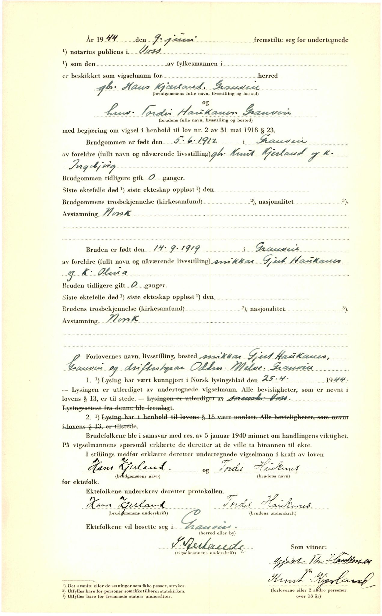 Voss sorenskrivar, AV/SAB-A-2701/M/Maa/L0002: Vigselbok, 1943-1945, p. 31b
