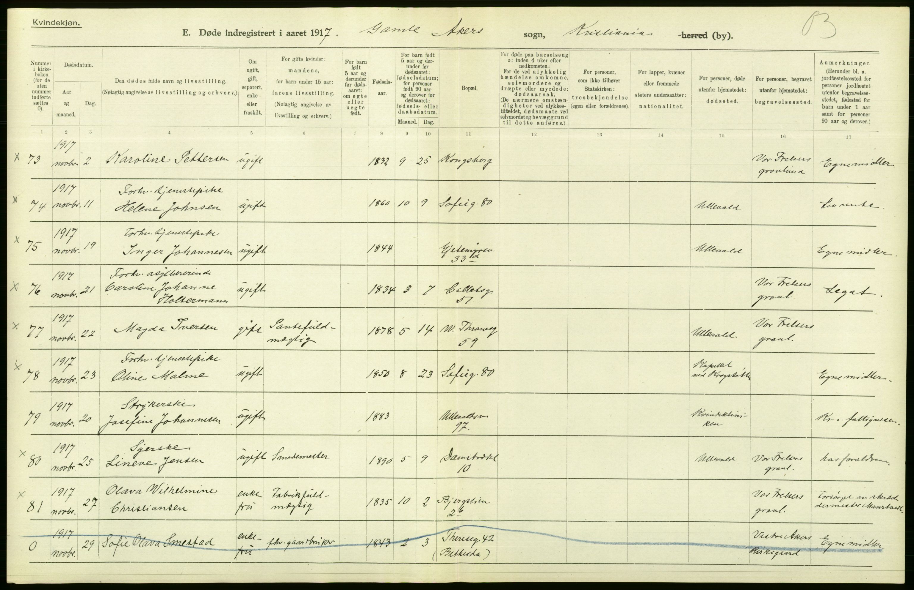 Statistisk sentralbyrå, Sosiodemografiske emner, Befolkning, AV/RA-S-2228/D/Df/Dfb/Dfbg/L0010: Kristiania: Døde, 1917, p. 108