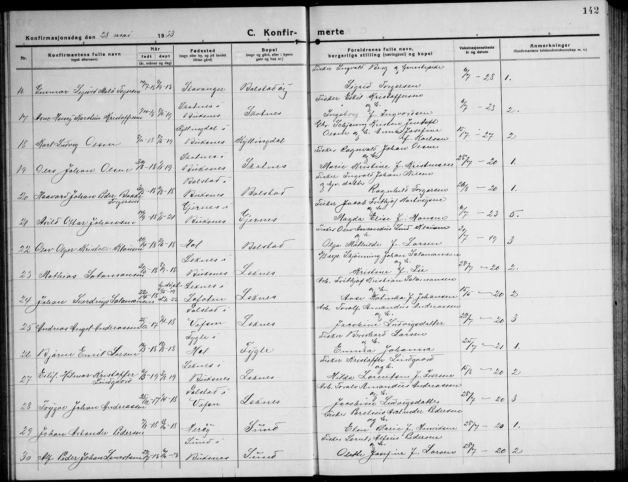 Ministerialprotokoller, klokkerbøker og fødselsregistre - Nordland, AV/SAT-A-1459/881/L1170: Parish register (copy) no. 881C07, 1930-1943, p. 142