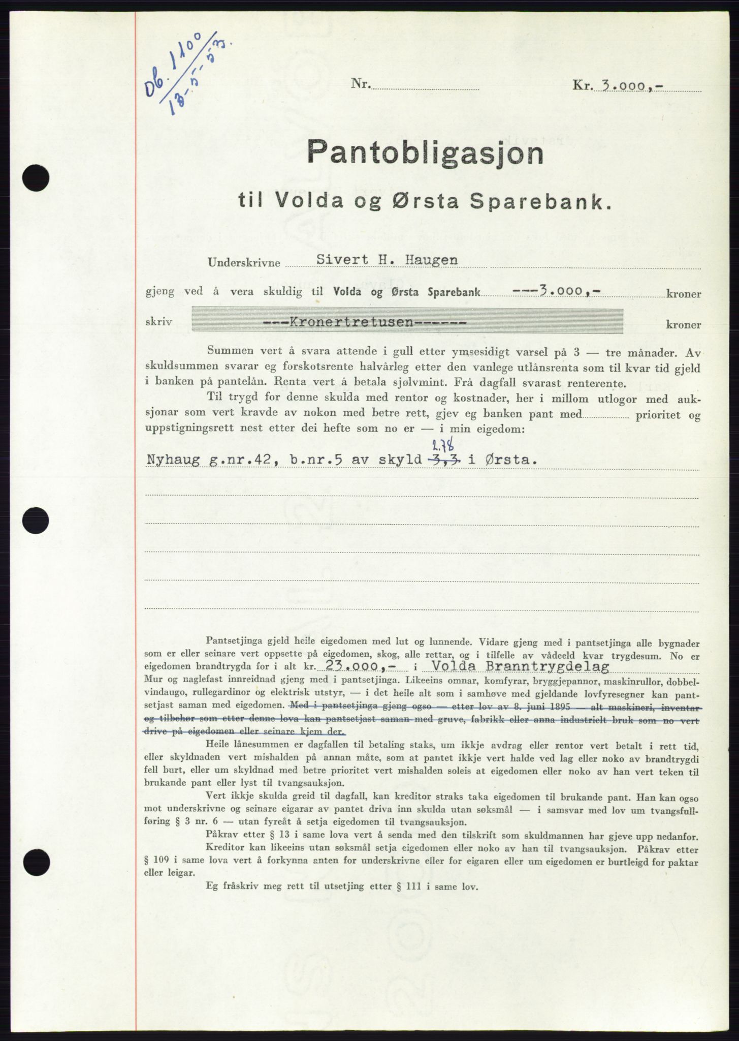 Søre Sunnmøre sorenskriveri, AV/SAT-A-4122/1/2/2C/L0123: Mortgage book no. 11B, 1953-1953, Diary no: : 1100/1953