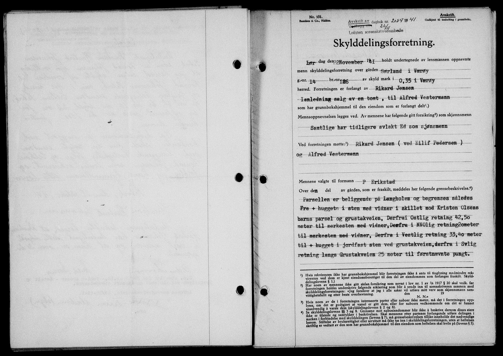 Lofoten sorenskriveri, SAT/A-0017/1/2/2C/L0009a: Mortgage book no. 9a, 1941-1942, Diary no: : 2054/1941
