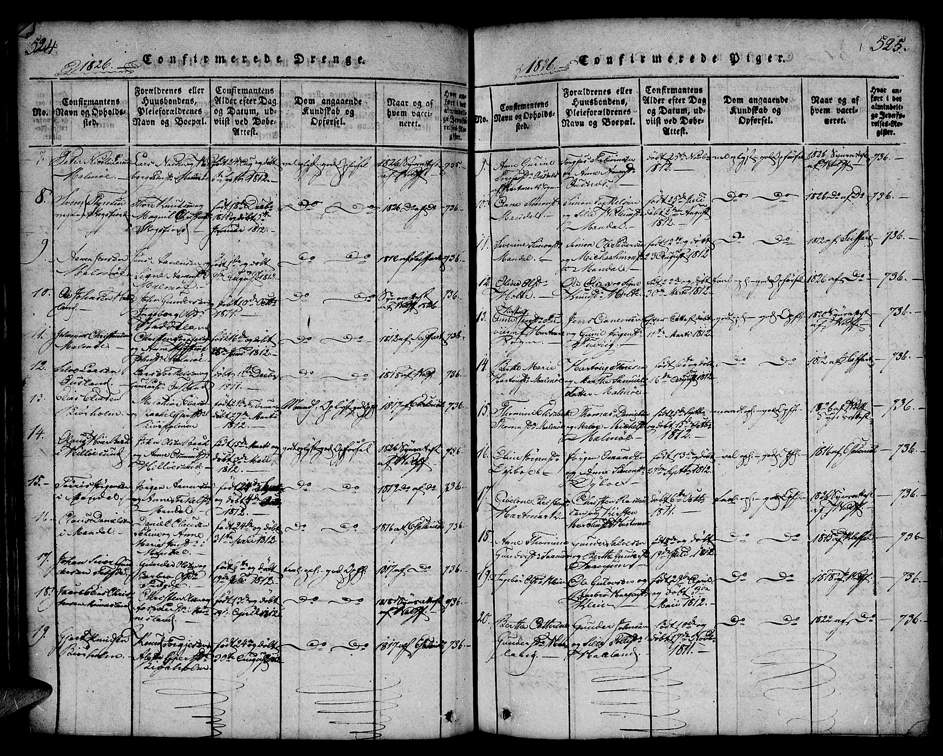 Mandal sokneprestkontor, SAK/1111-0030/F/Fa/Faa/L0010: Parish register (official) no. A 10, 1817-1830, p. 524-525