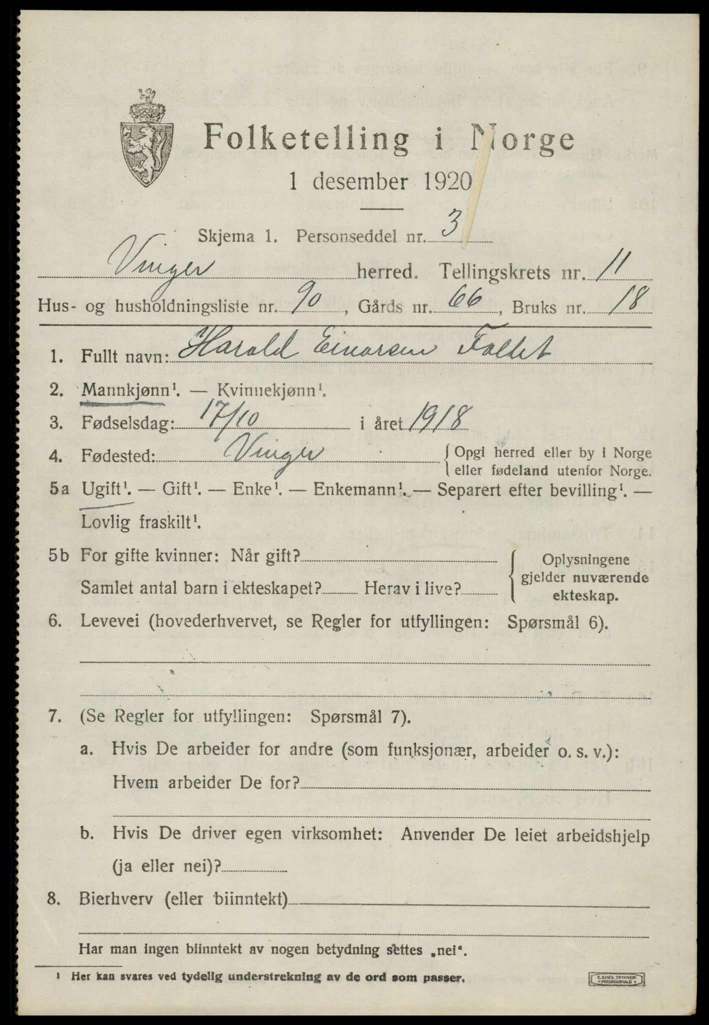 SAH, 1920 census for Vinger, 1920, p. 10028