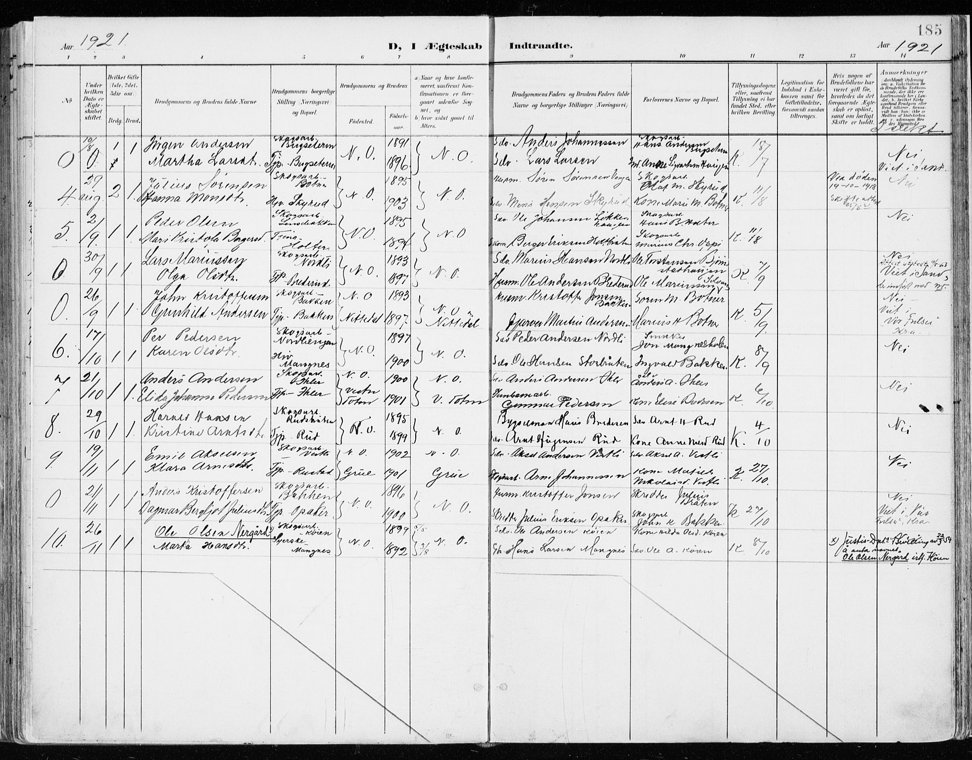 Nord-Odal prestekontor, AV/SAH-PREST-032/H/Ha/Haa/L0009: Parish register (official) no. 9, 1902-1926, p. 185