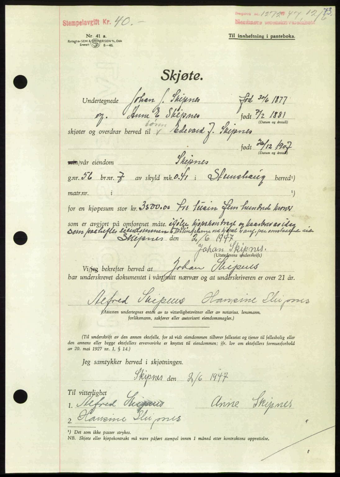 Nordmøre sorenskriveri, AV/SAT-A-4132/1/2/2Ca: Mortgage book no. A105, 1947-1947, Diary no: : 1272/1947