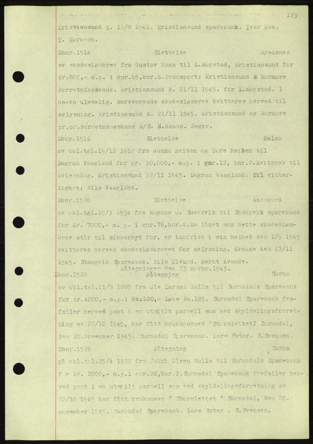 Nordmøre sorenskriveri, AV/SAT-A-4132/1/2/2Ca: Mortgage book no. C82a, 1945-1946, Diary no: : 1514/1945