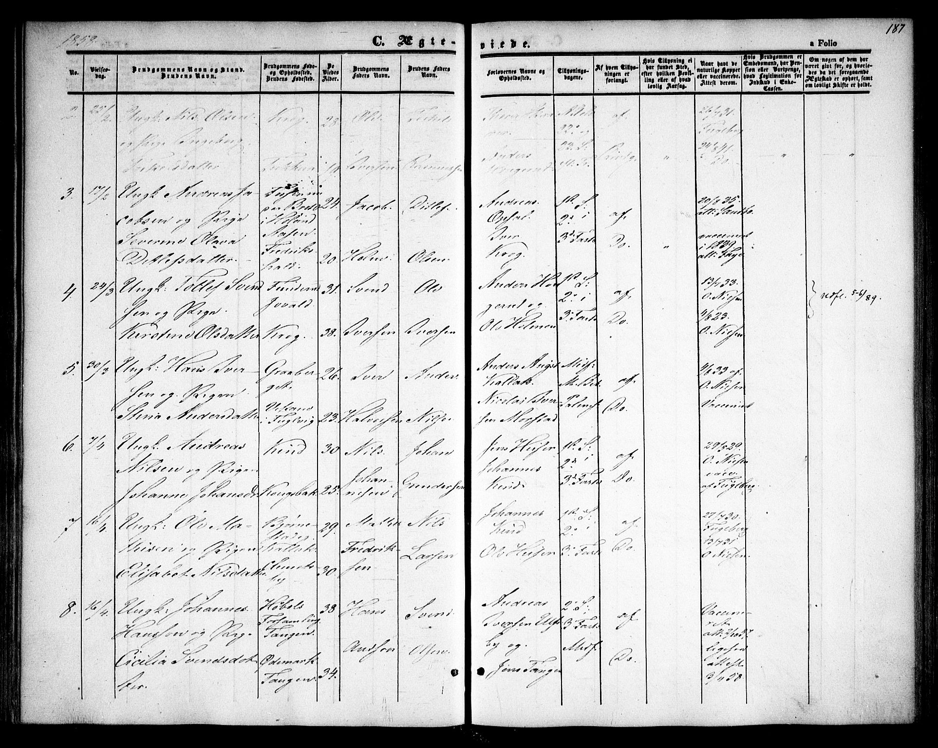 Rødenes prestekontor Kirkebøker, SAO/A-2005/F/Fa/L0006: Parish register (official) no. I 6, 1850-1859, p. 187