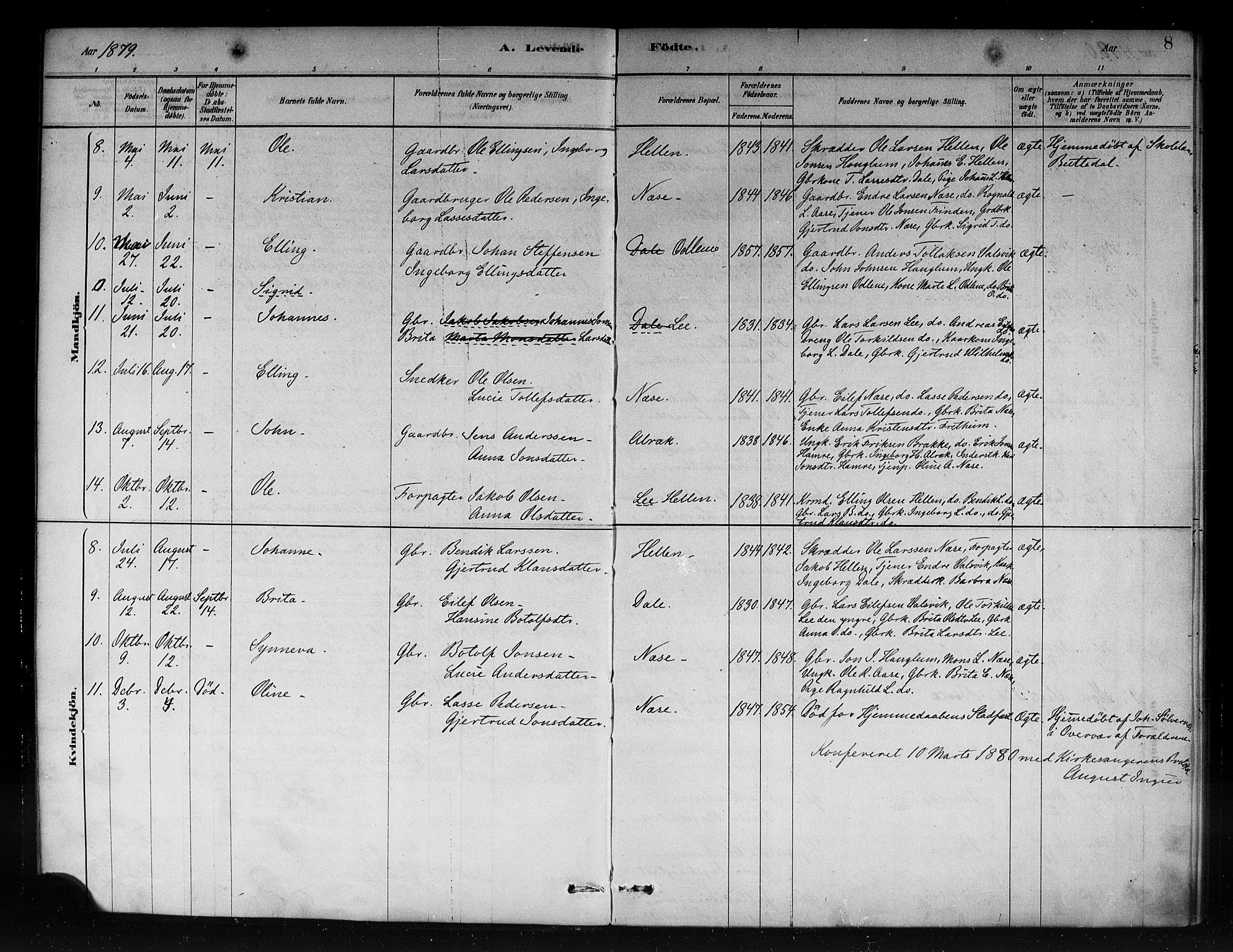 Vik sokneprestembete, AV/SAB-A-81501/H/Haa/Haac/L0001: Parish register (official) no. C 1, 1878-1890, p. 8