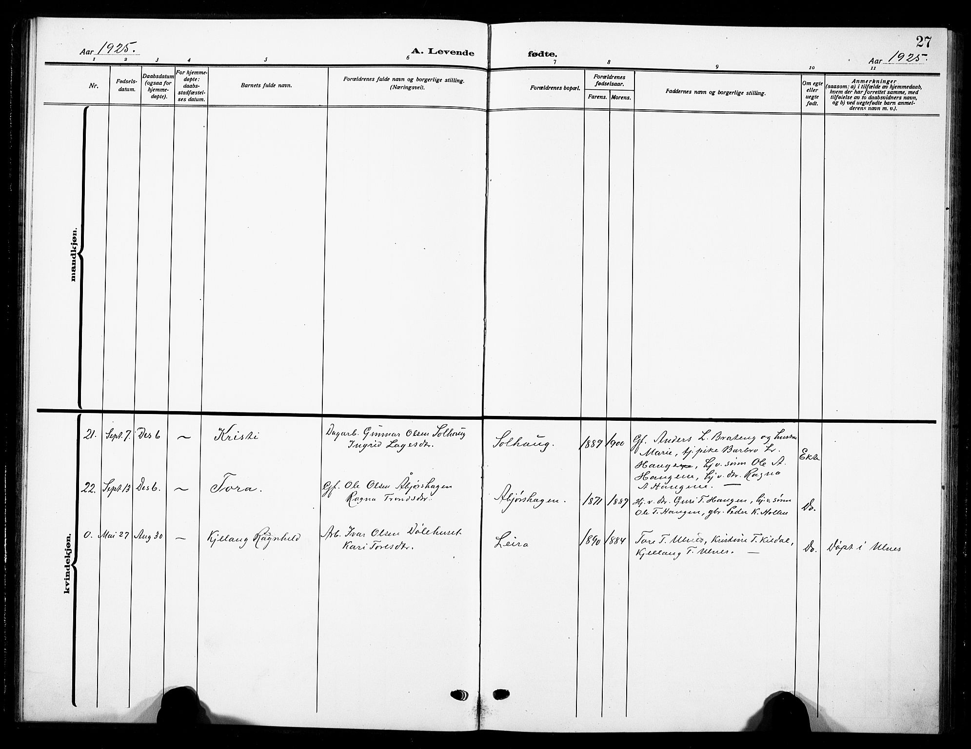 Nord-Aurdal prestekontor, AV/SAH-PREST-132/H/Ha/Hab/L0016: Parish register (copy) no. 16, 1920-1932, p. 27