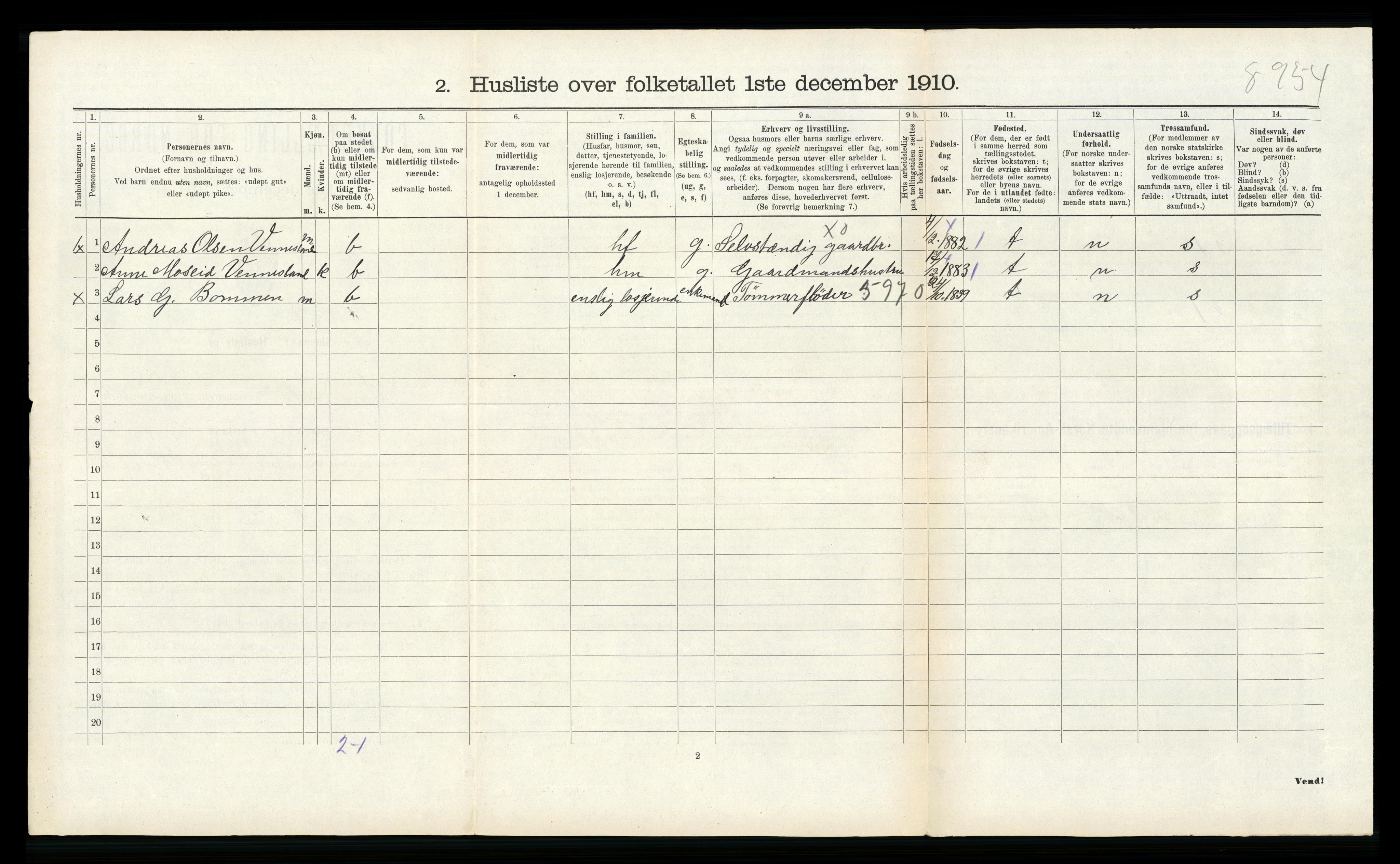 RA, 1910 census for Vennesla, 1910, p. 577