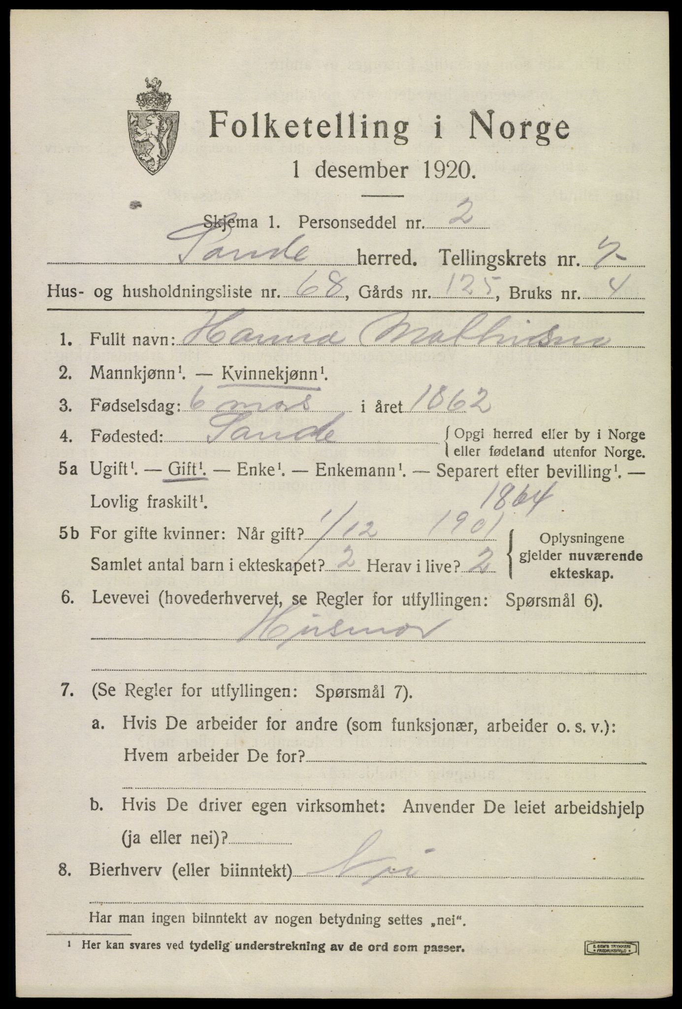 SAKO, 1920 census for Sande, 1920, p. 8906