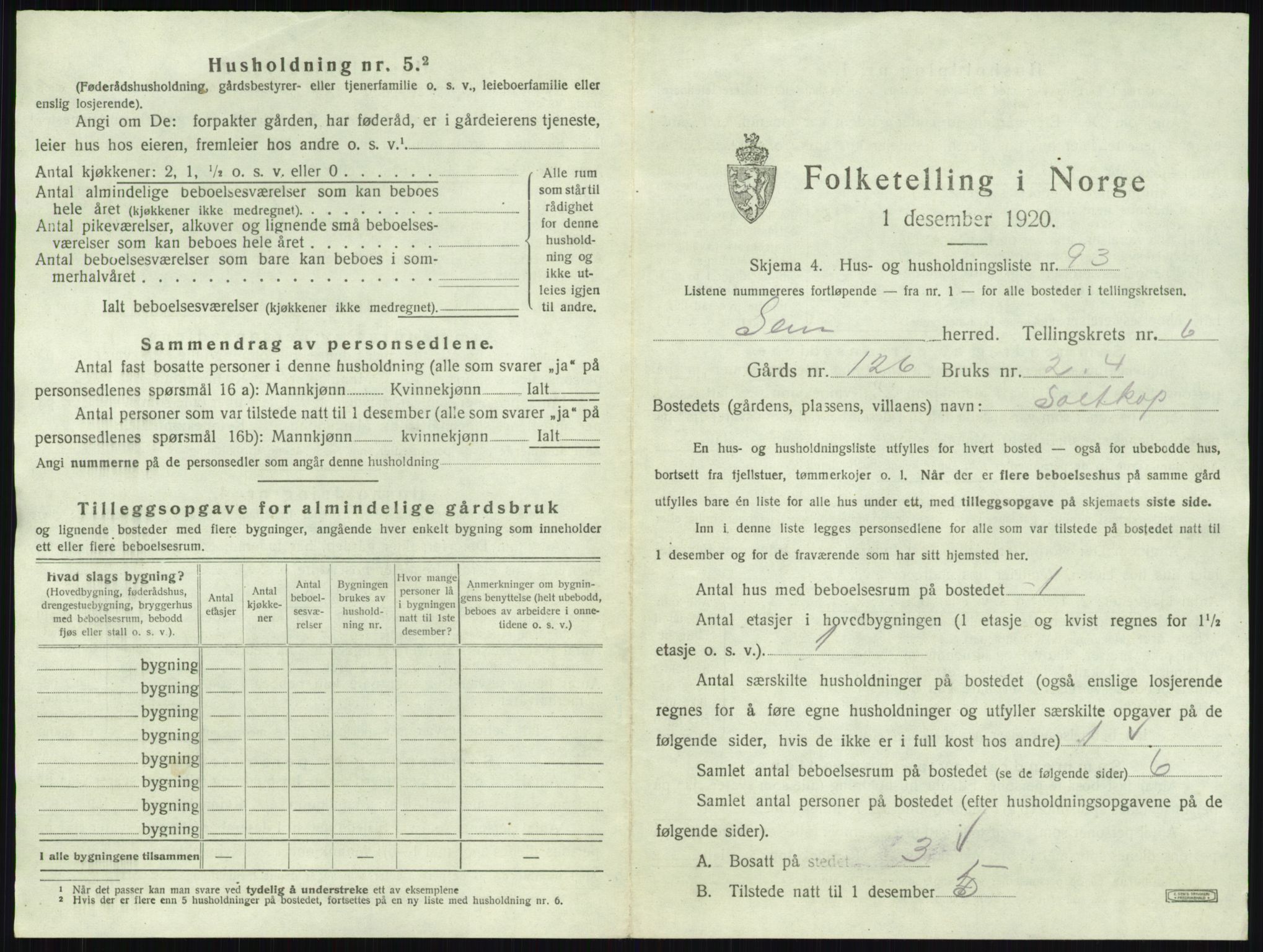 SAKO, 1920 census for Sem, 1920, p. 1445