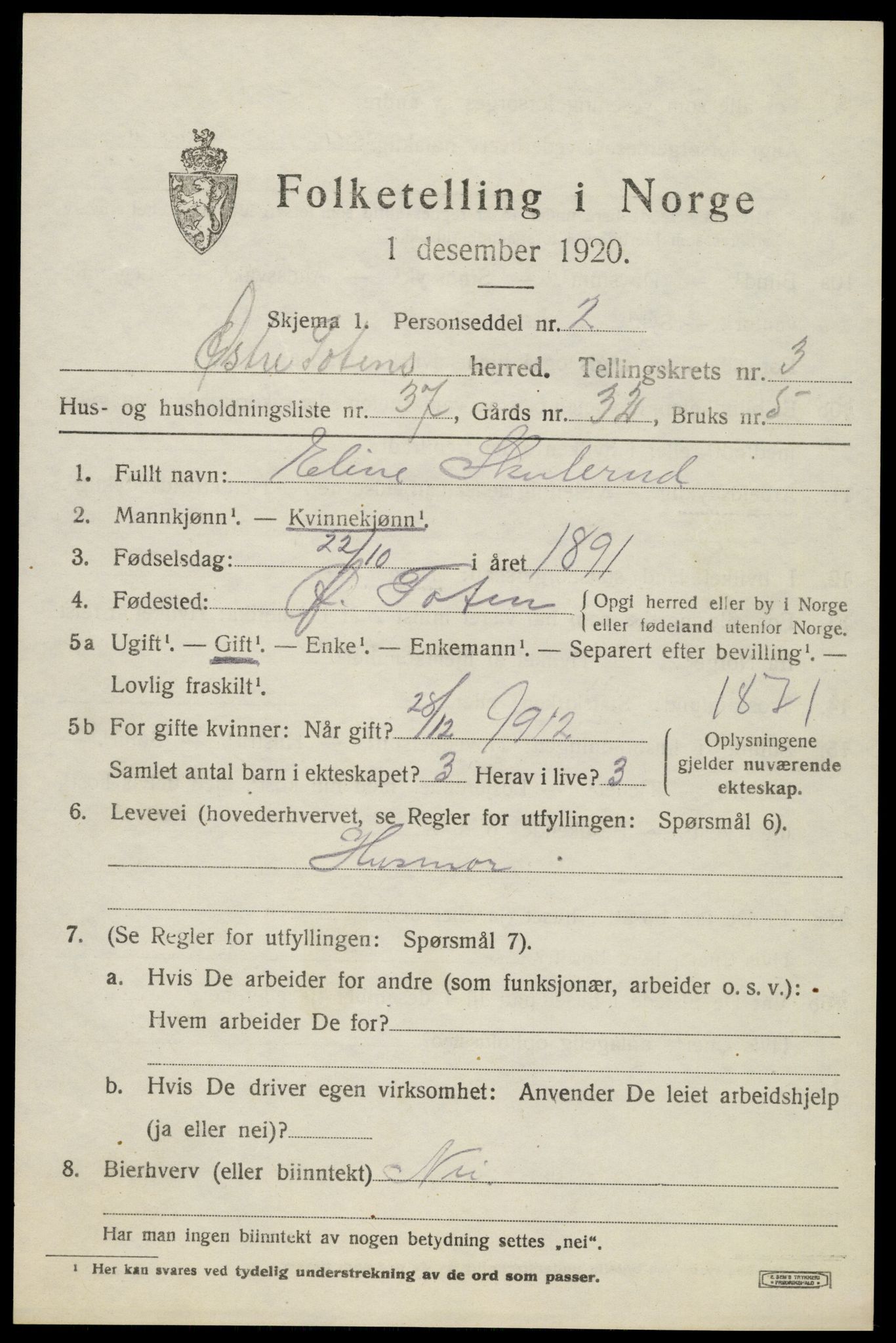 SAH, 1920 census for Østre Toten, 1920, p. 6450