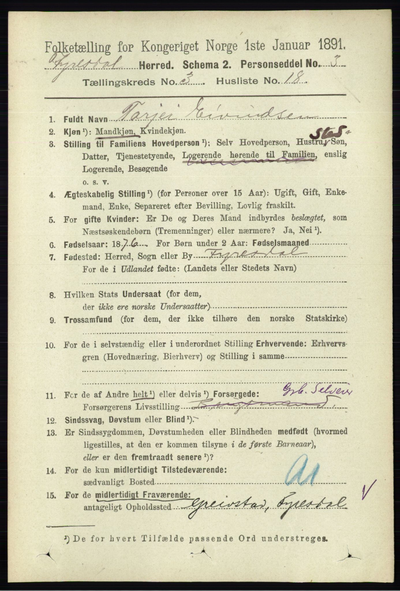 RA, 1891 census for 0831 Fyresdal, 1891, p. 570