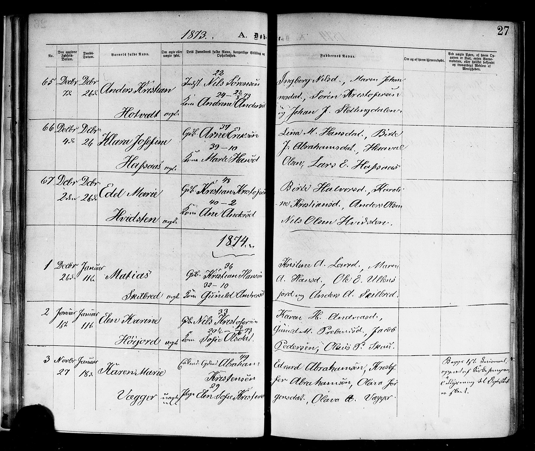 Andebu kirkebøker, SAKO/A-336/F/Fa/L0006: Parish register (official) no. 6, 1871-1878, p. 27