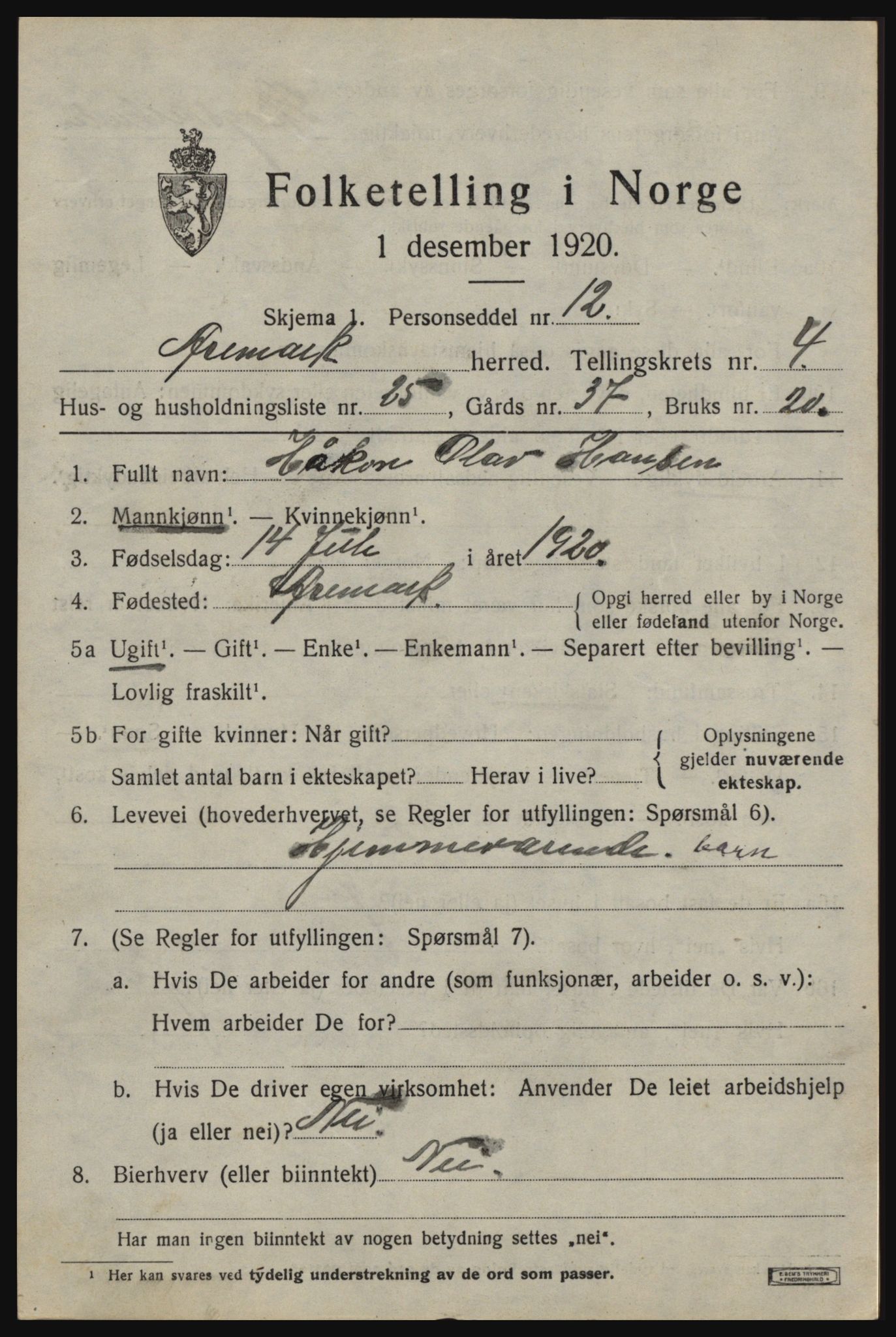 SAO, 1920 census for Aremark, 1920, p. 3419