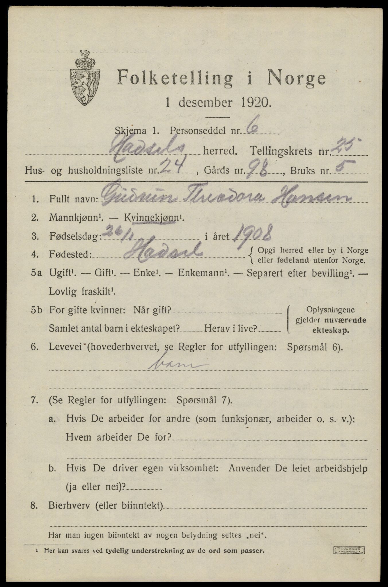 SAT, 1920 census for Hadsel, 1920, p. 22238