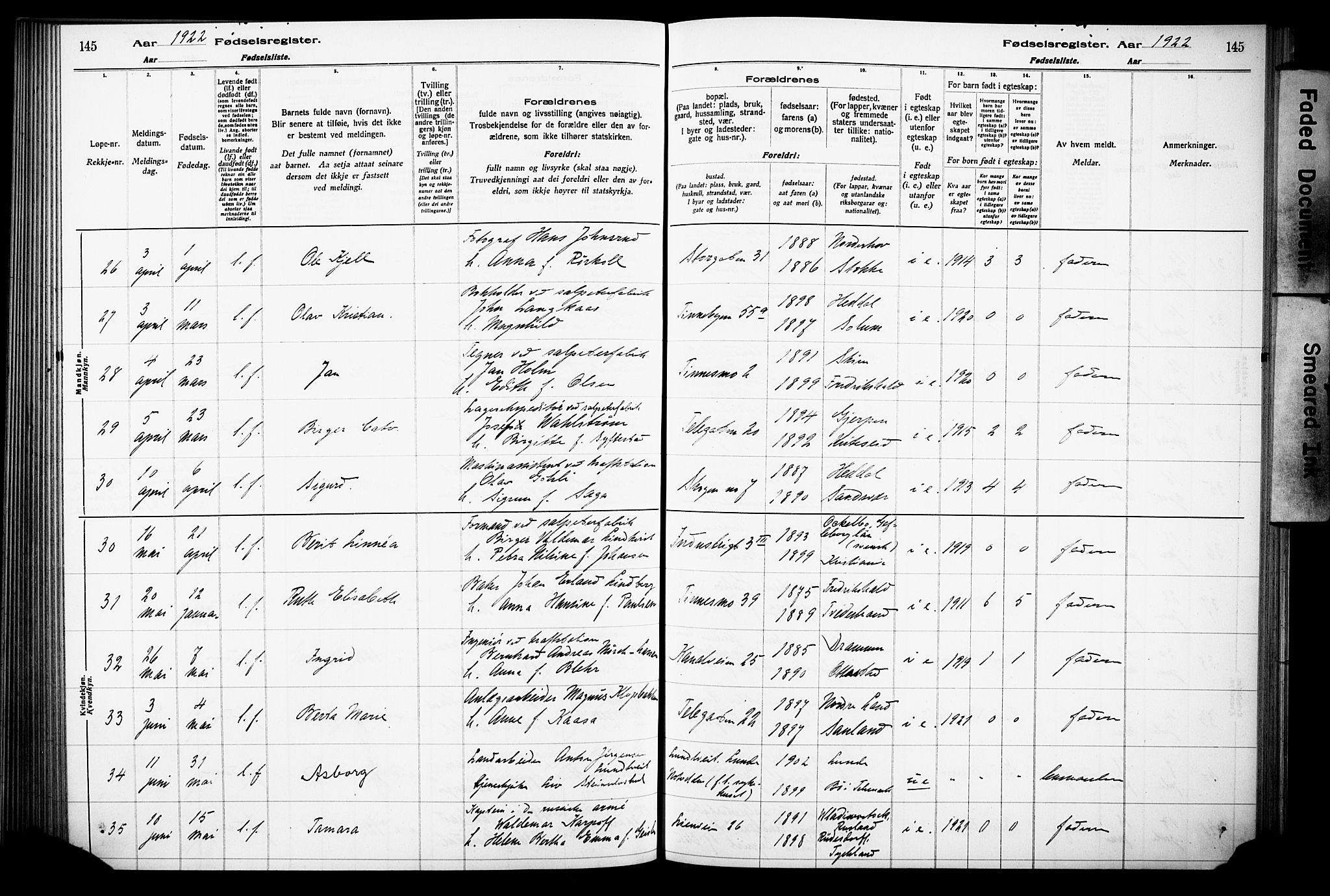 Notodden kirkebøker, AV/SAKO-A-290/J/Ja/L0001: Birth register no. 1, 1916-1924, p. 145