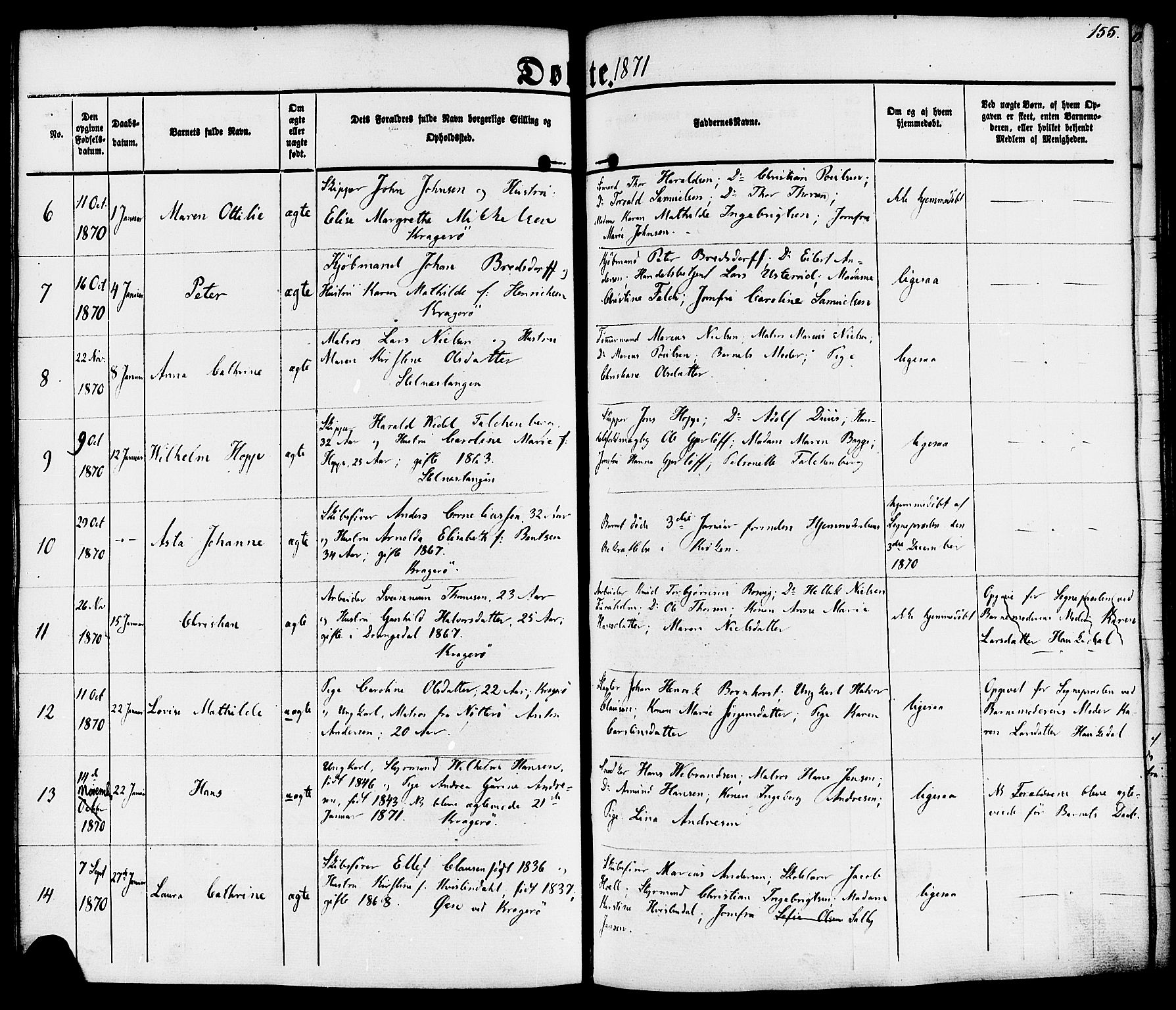 Kragerø kirkebøker, SAKO/A-278/F/Fa/L0007: Parish register (official) no. 7, 1861-1875, p. 155