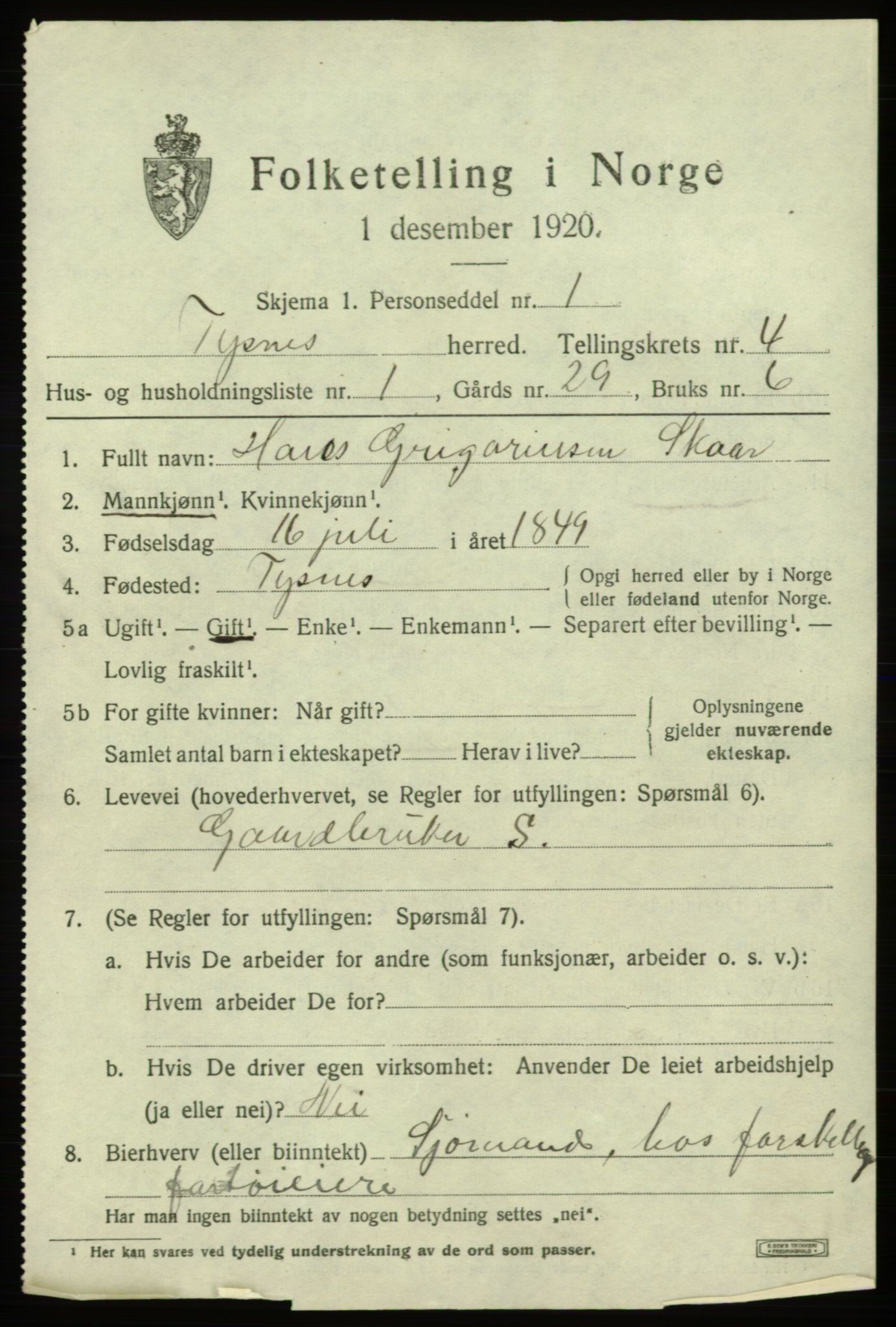 SAB, 1920 census for Tysnes, 1920, p. 3218