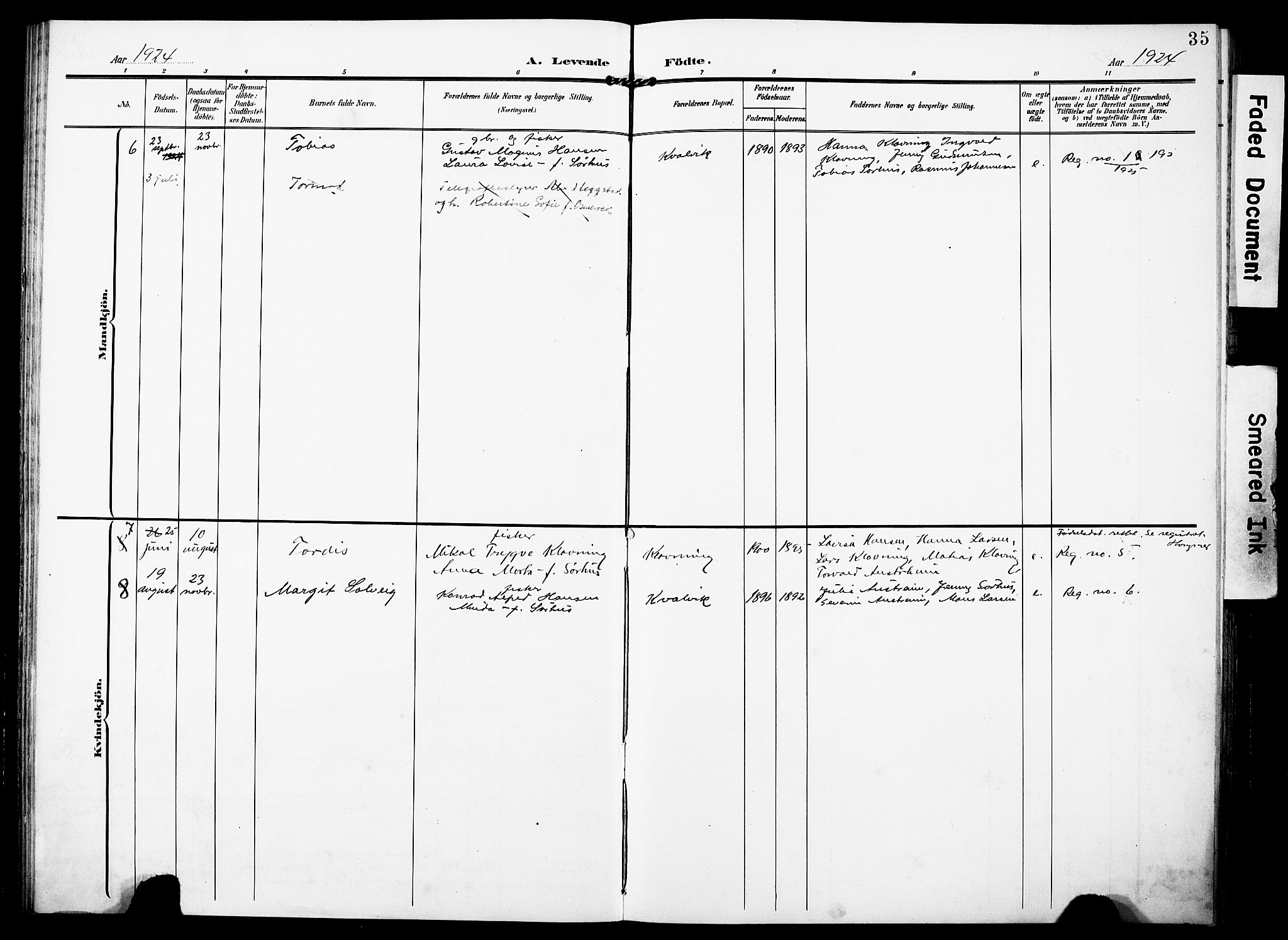 Torvastad sokneprestkontor, SAST/A -101857/H/Ha/Haa/L0018: Parish register (official) no. A 17, 1903-1925, p. 35