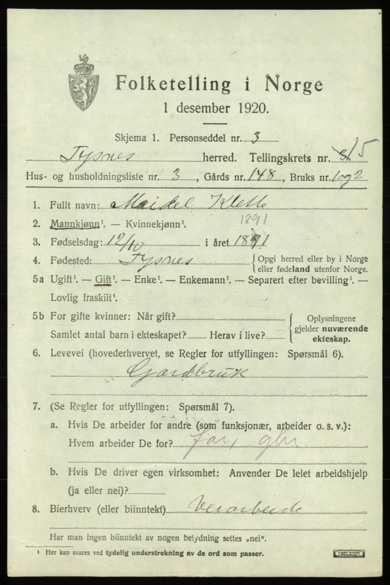 SAB, 1920 census for Tysnes, 1920, p. 9964