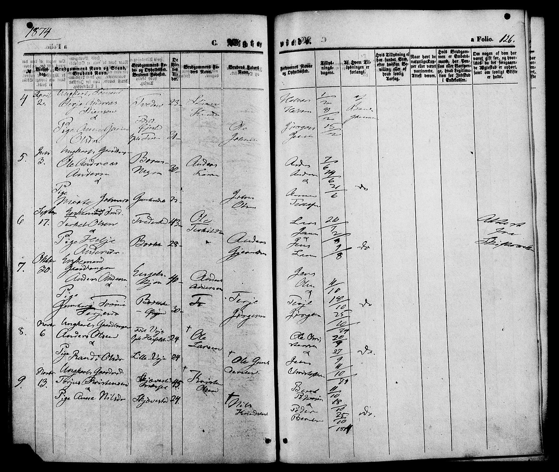 Austre Moland sokneprestkontor, SAK/1111-0001/F/Fa/Faa/L0009: Parish register (official) no. A 9, 1869-1879, p. 126