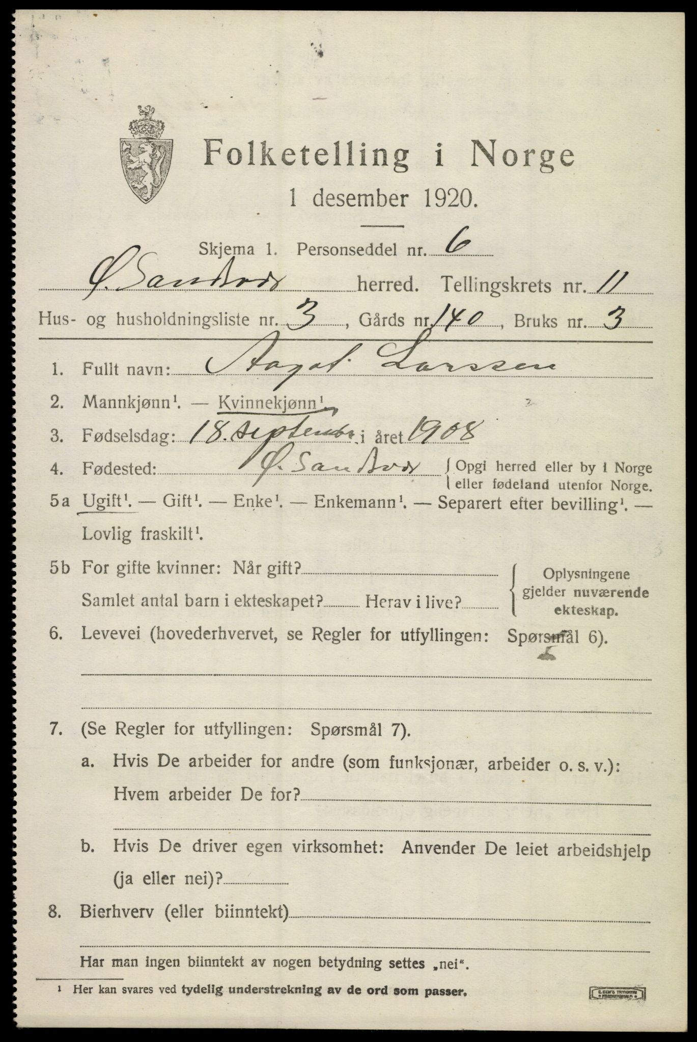 SAKO, 1920 census for Øvre Sandsvær, 1920, p. 5758